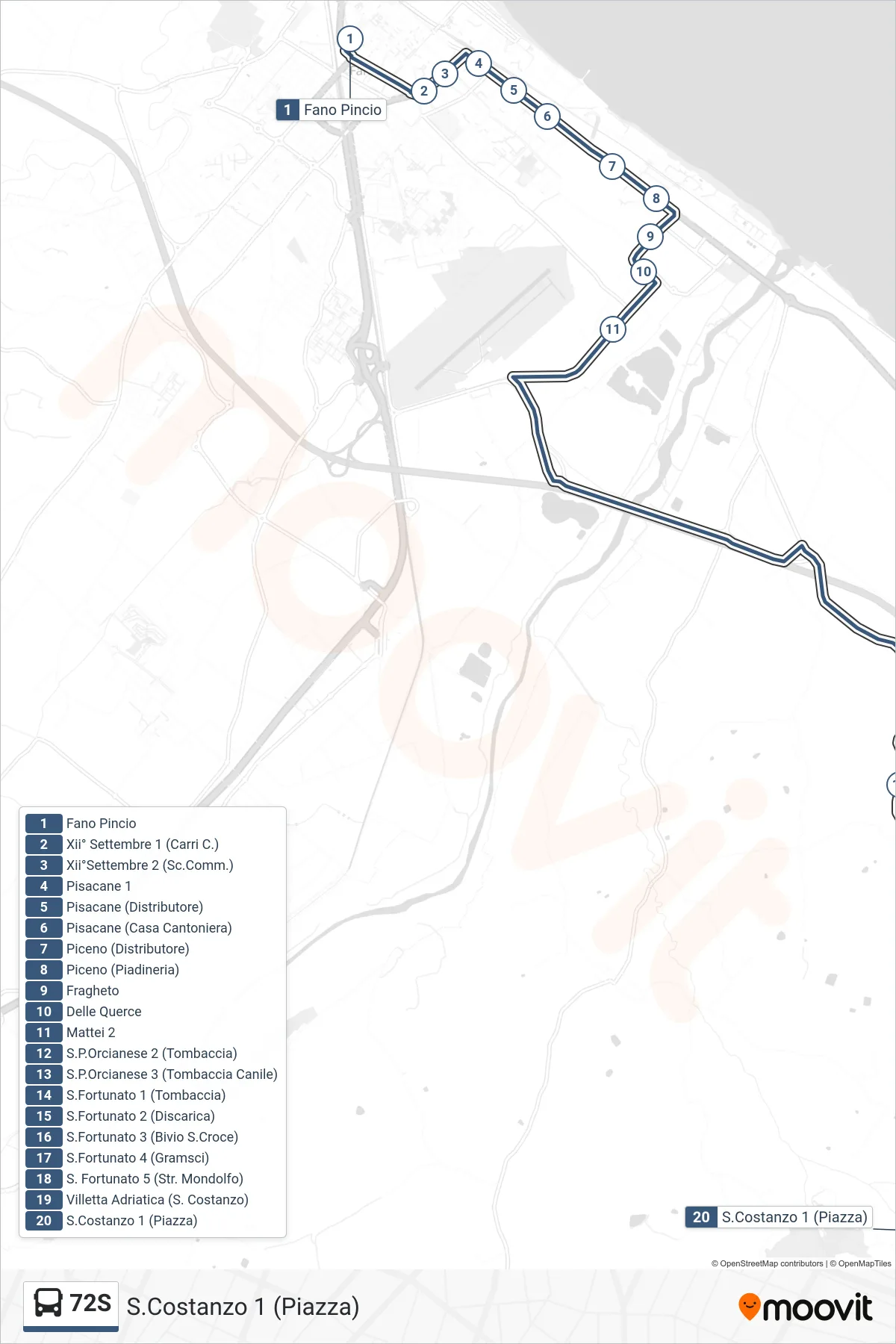 Linea 72S bus (S.Costanzo 1 (Piazza)) - Percorsi e fermate sulla mappa