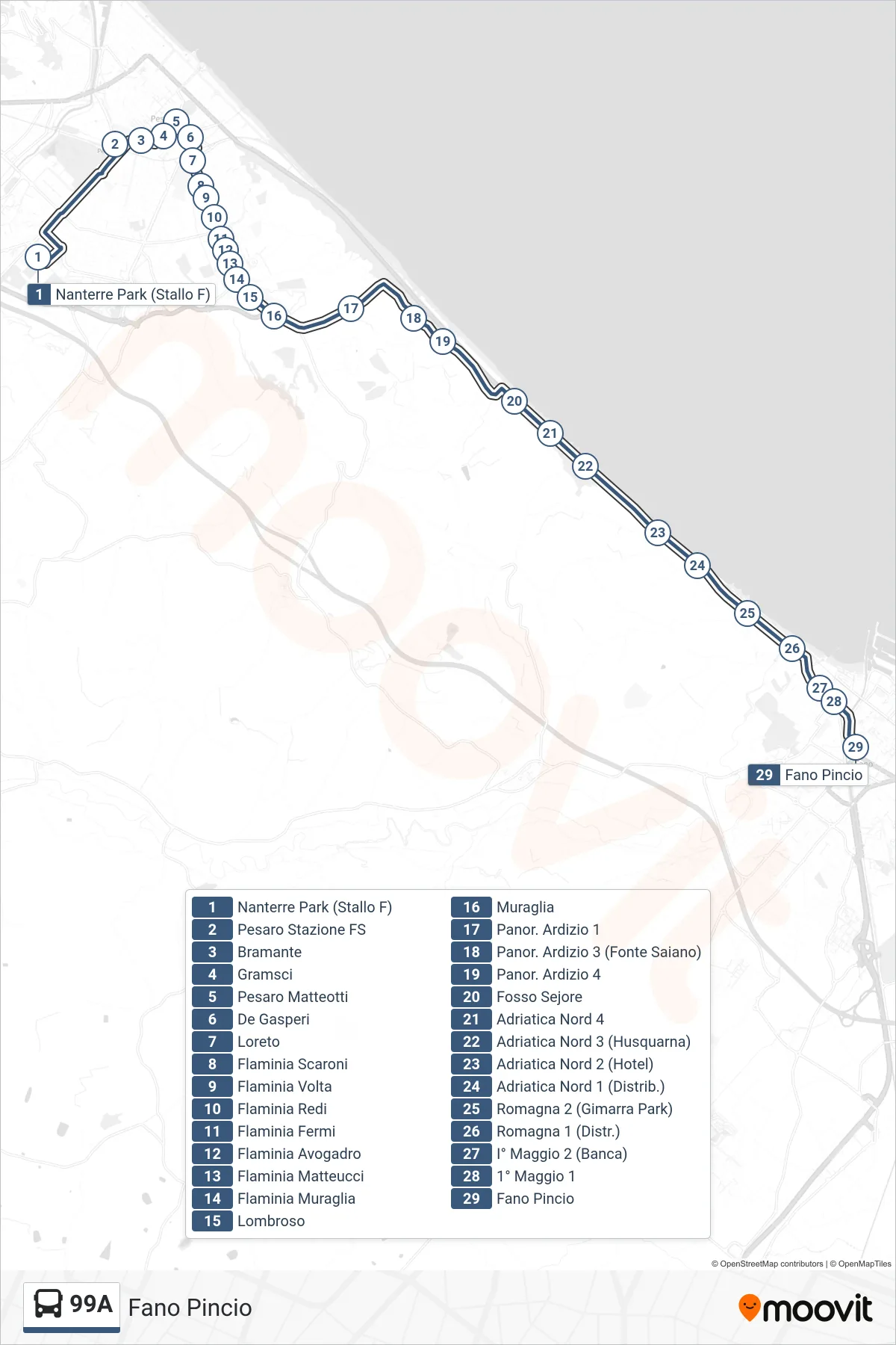 Linea 99A bus (Fano Pincio) - Percorsi e fermate sulla mappa