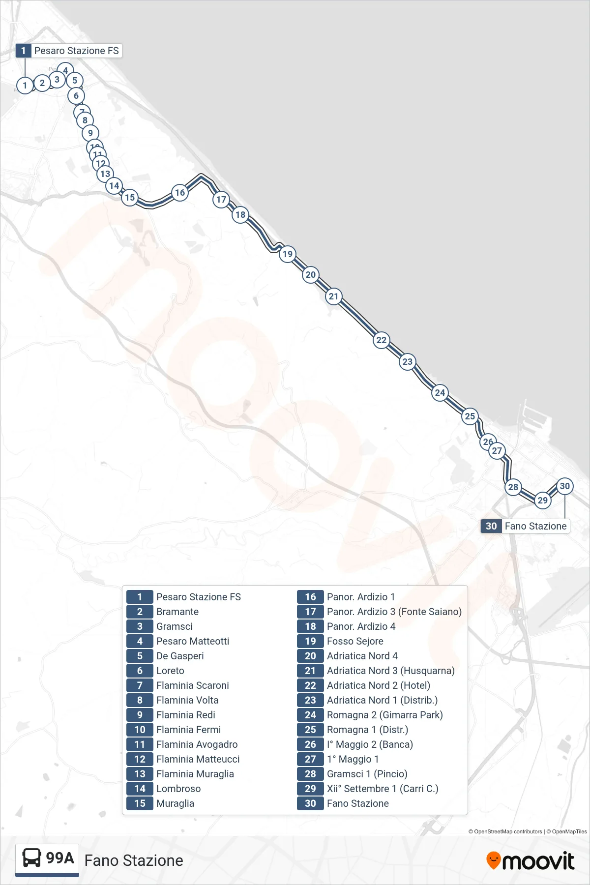 Linea 99A  bus (Fano Stazione) - Percorsi e fermate sulla mappa