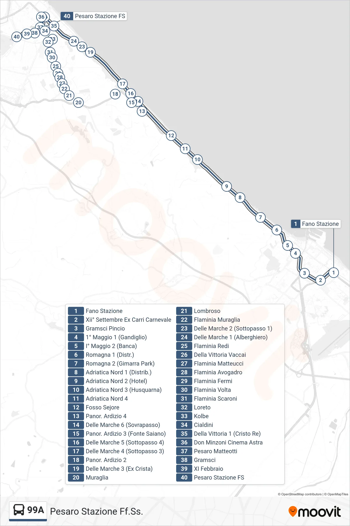 Linea 99A  bus (Pesaro Stazione Ff.Ss.) - Percorsi e fermate sulla mappa