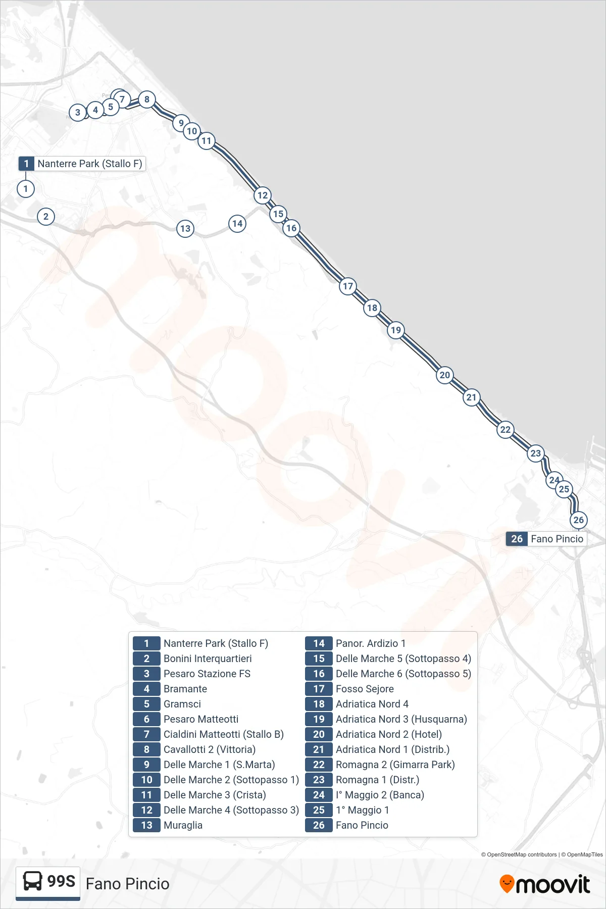 Linea 99S bus (Fano Pincio) - Percorsi e fermate sulla mappa
