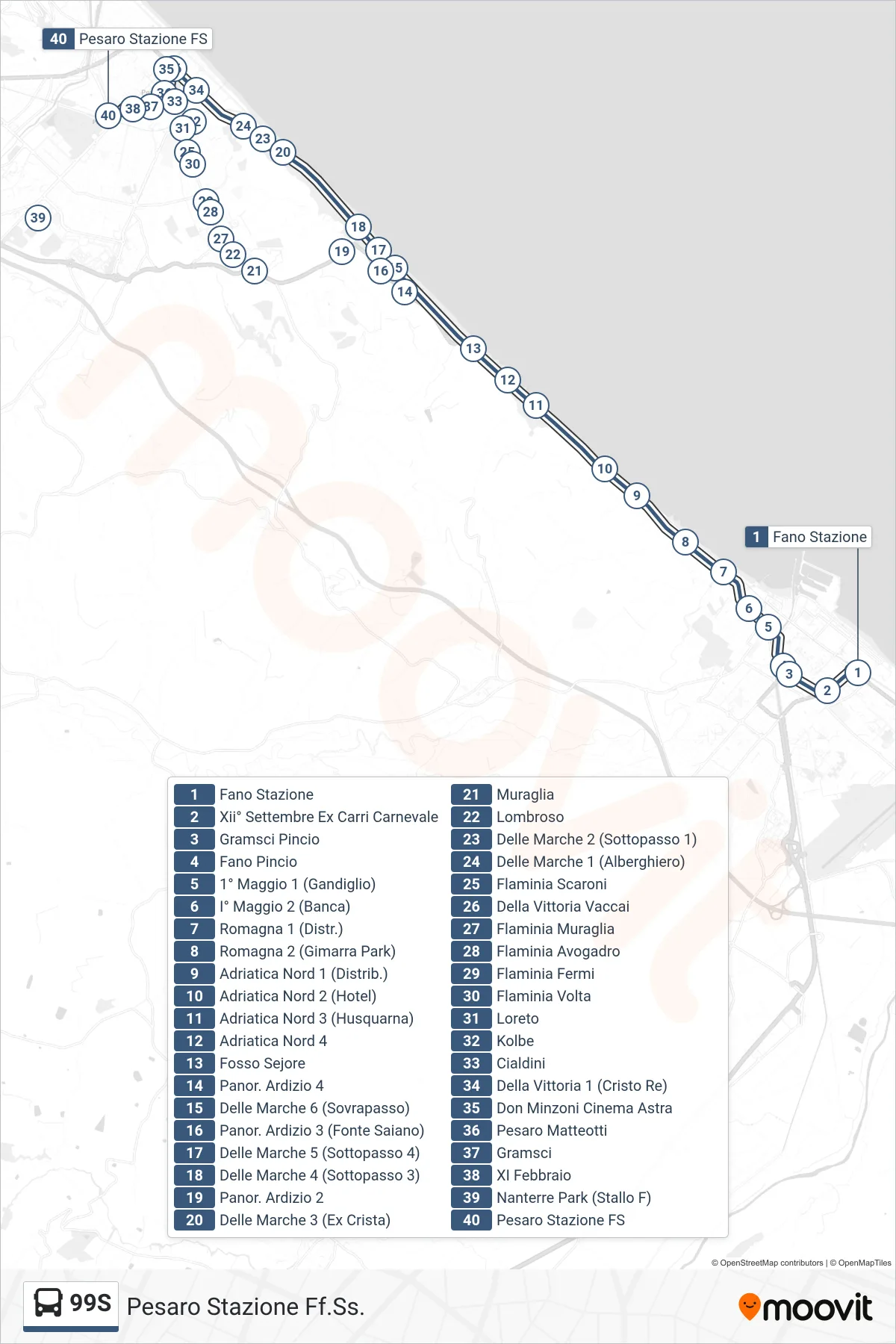 Linea 99S  bus (Pesaro Stazione Ff.Ss.) - Percorsi e fermate sulla mappa