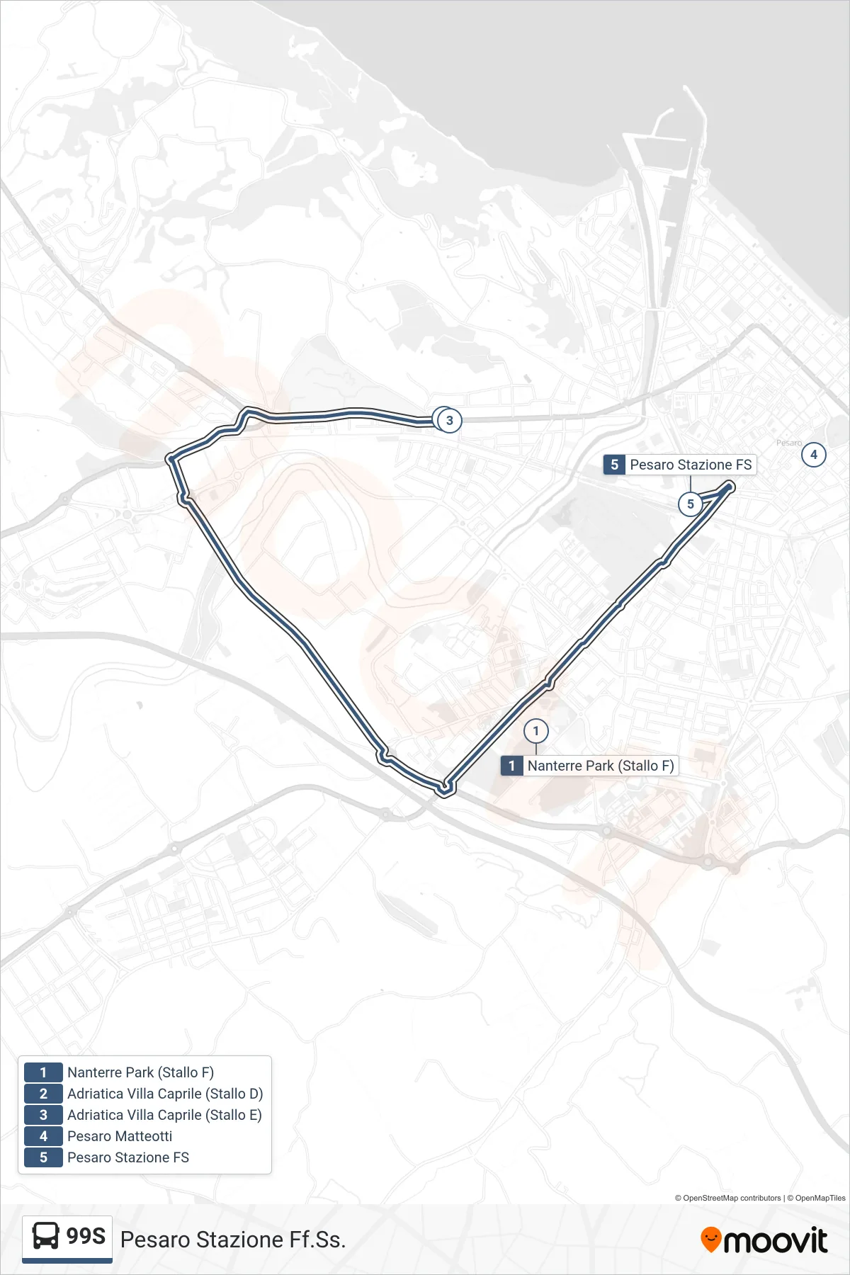 Linea 99S bus (Pesaro Stazione Ff.Ss.) - Percorsi e fermate sulla mappa