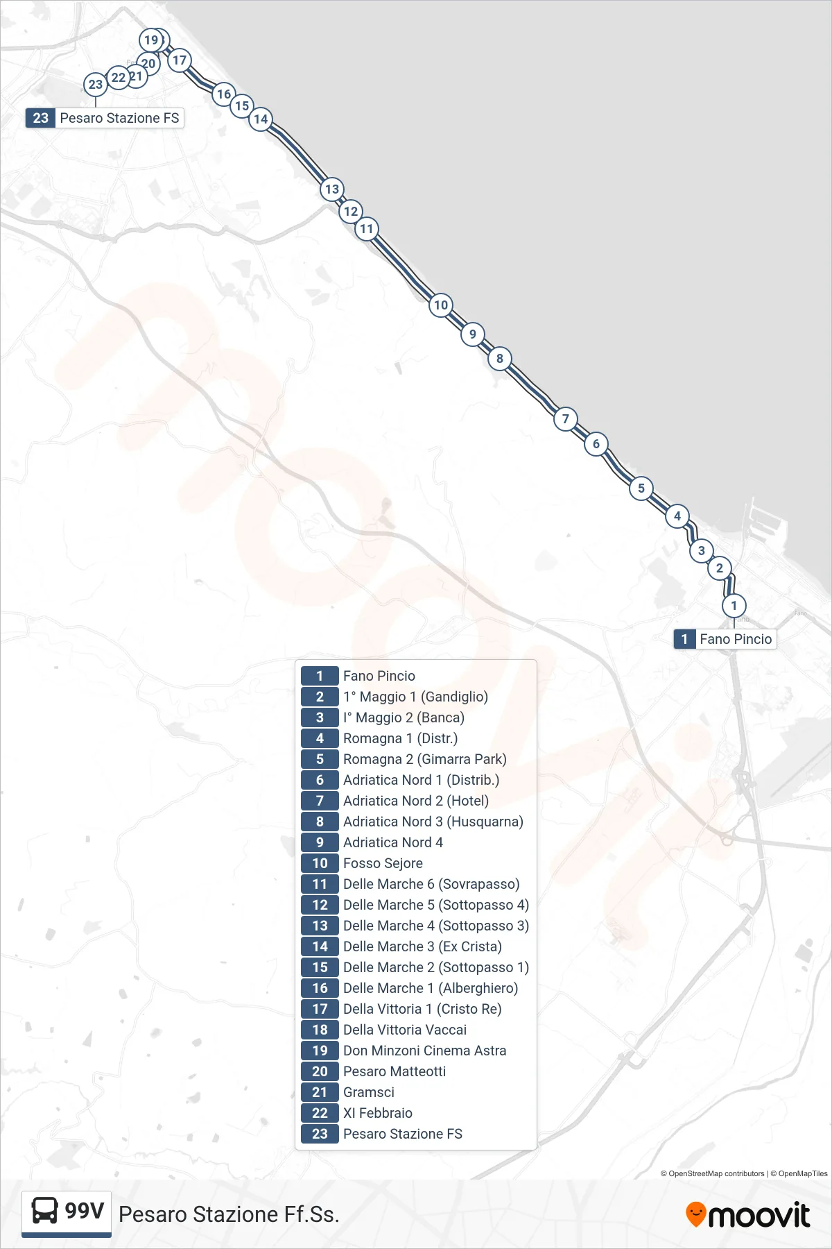 Linea 99V bus (Pesaro Stazione Ff.Ss.) - Percorsi e fermate sulla mappa