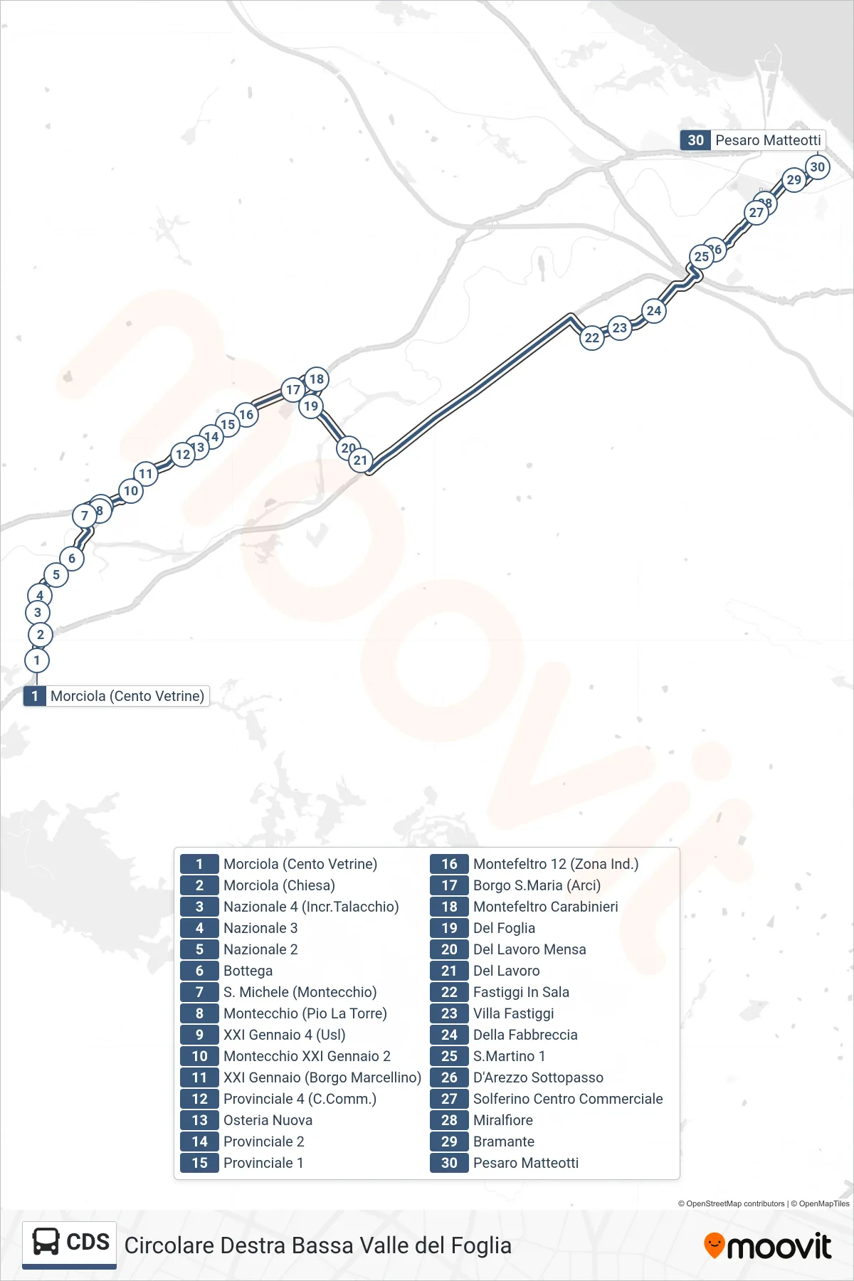 CDS bus Line (Pesaro Matteotti) route and stops on a map