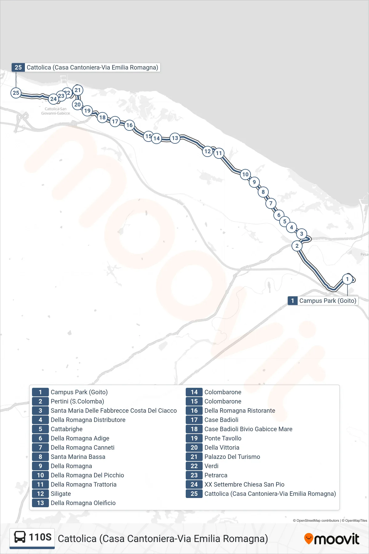 Linea 110S bus (Cattolica (Casa Cantoniera-Via Emilia Romagna)) - Percorsi e fermate sulla mappa