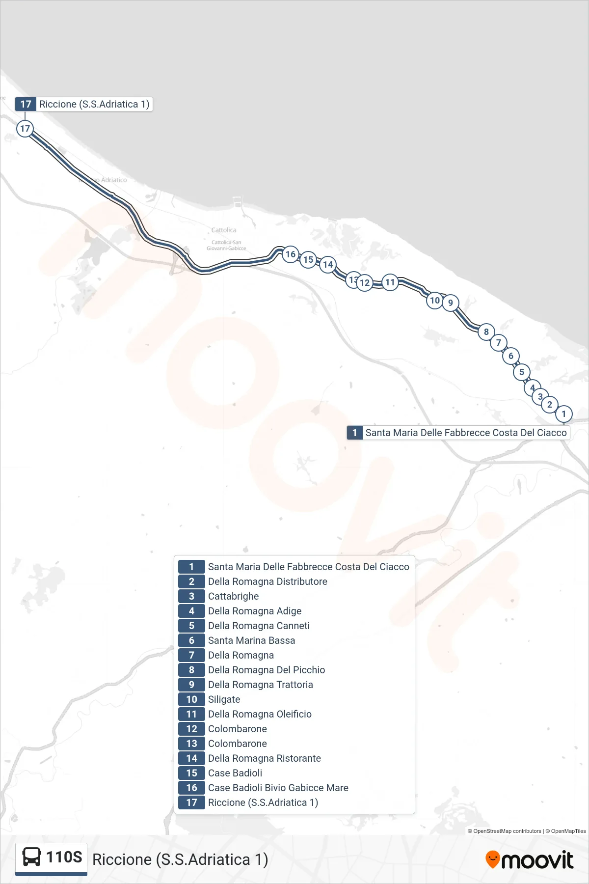 Linea 110S  bus (Riccione (S.S.Adriatica 1)) - Percorsi e fermate sulla mappa