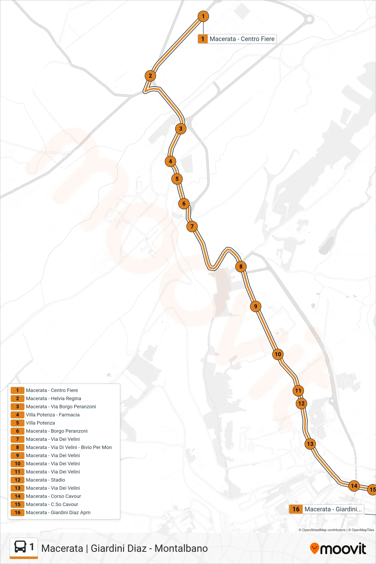 Linea 1  bus (Macerata - Giardini Diaz Apm) - Percorsi e fermate sulla mappa