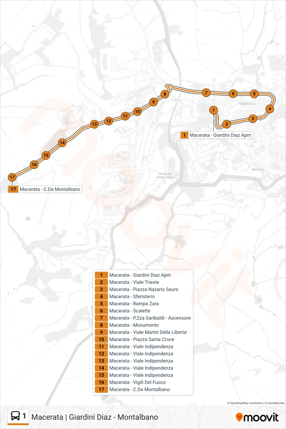 Linea 1 bus (Macerata - C.Da Montalbano) - Percorsi e fermate sulla mappa