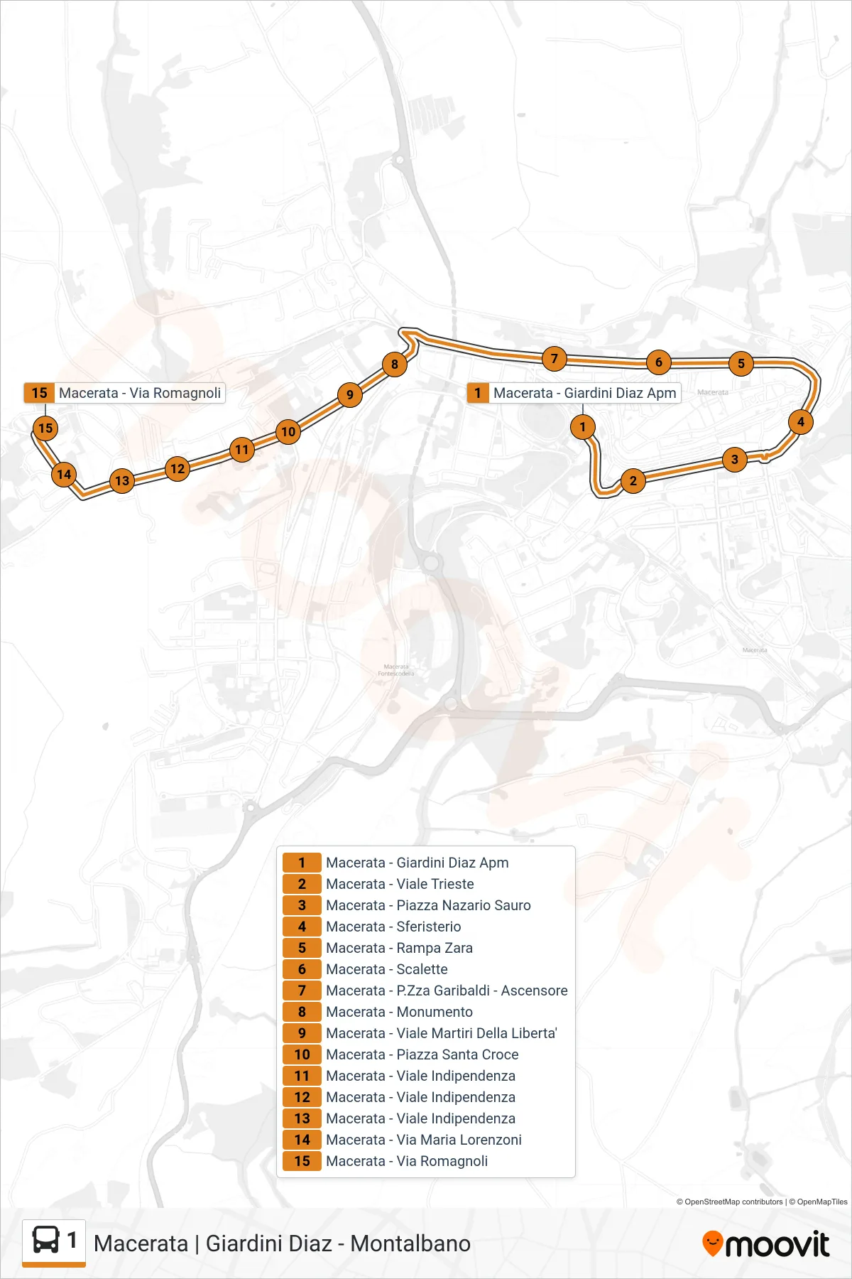 Linea 1  bus (Macerata - Via Romagnoli) - Percorsi e fermate sulla mappa