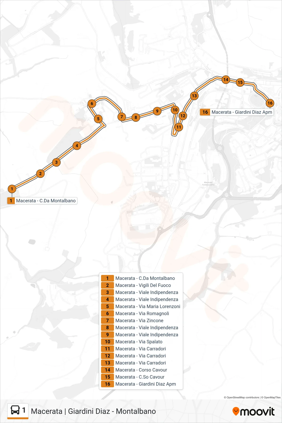 Linea 1  bus (Macerata - Giardini Diaz Apm) - Percorsi e fermate sulla mappa