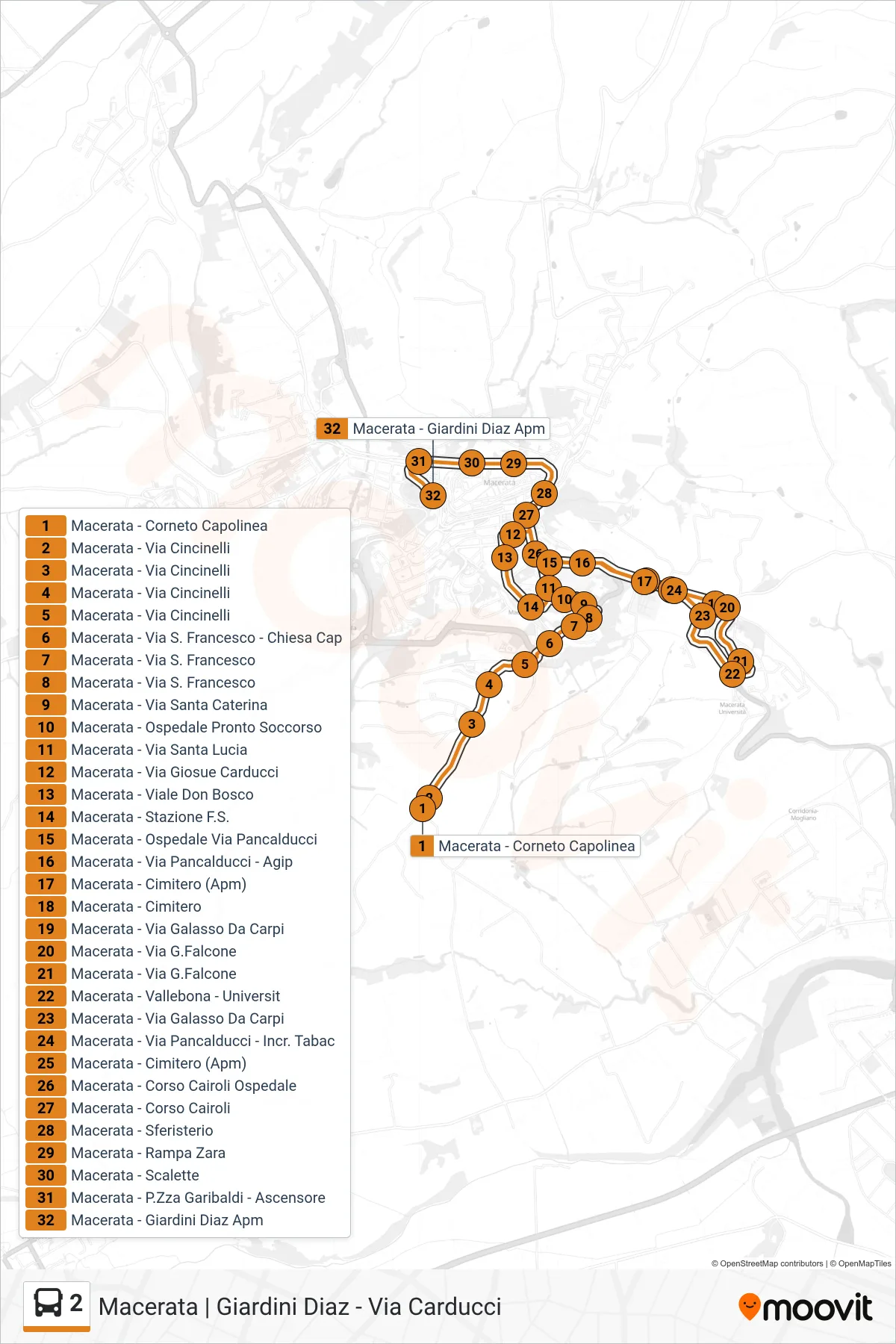 Linea 2 bus (Macerata - Giardini Diaz Apm) - Percorsi e fermate sulla mappa