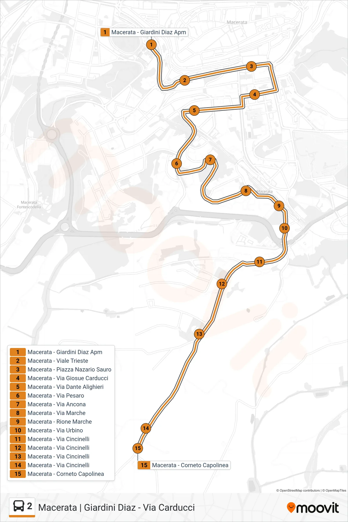 Linea 2 bus (Macerata - Corneto Capolinea) - Percorsi e fermate sulla mappa
