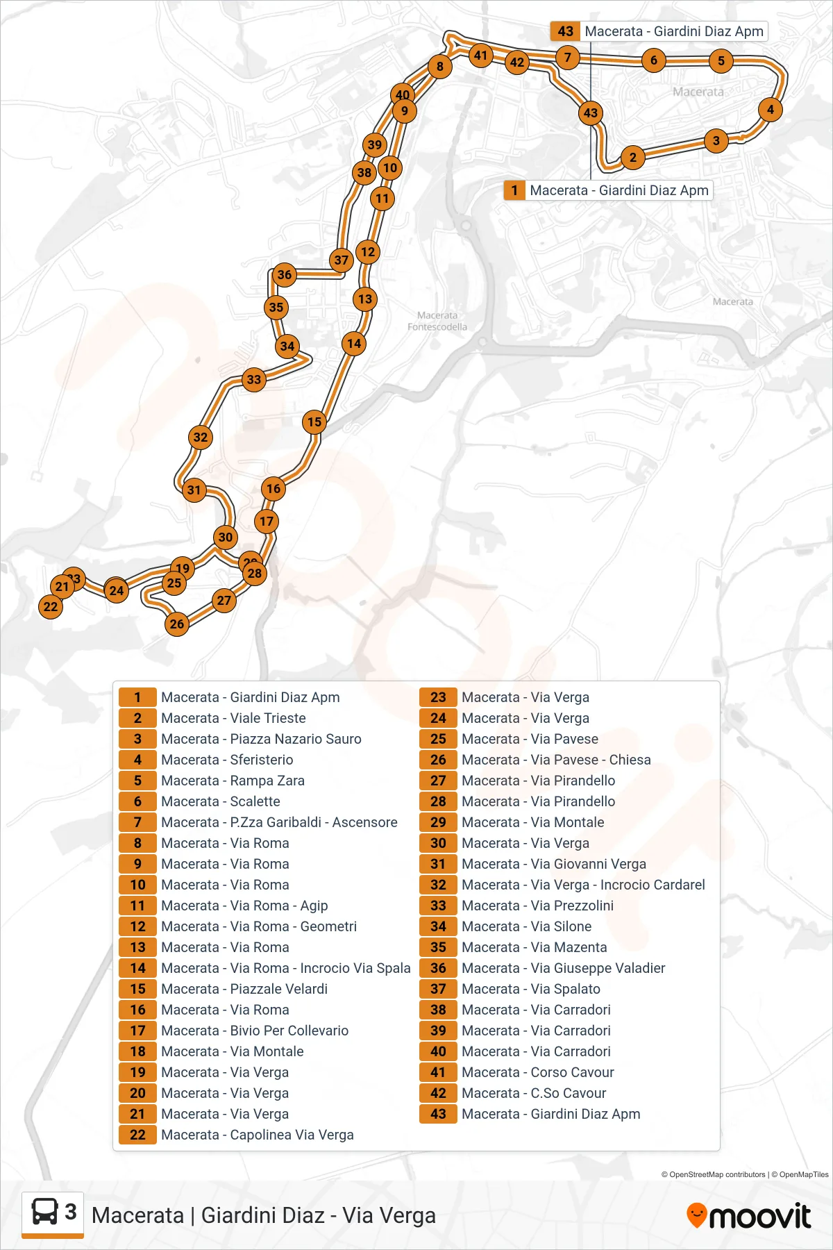 Linea 3  bus (Macerata - Giardini Diaz Apm) - Percorsi e fermate sulla mappa