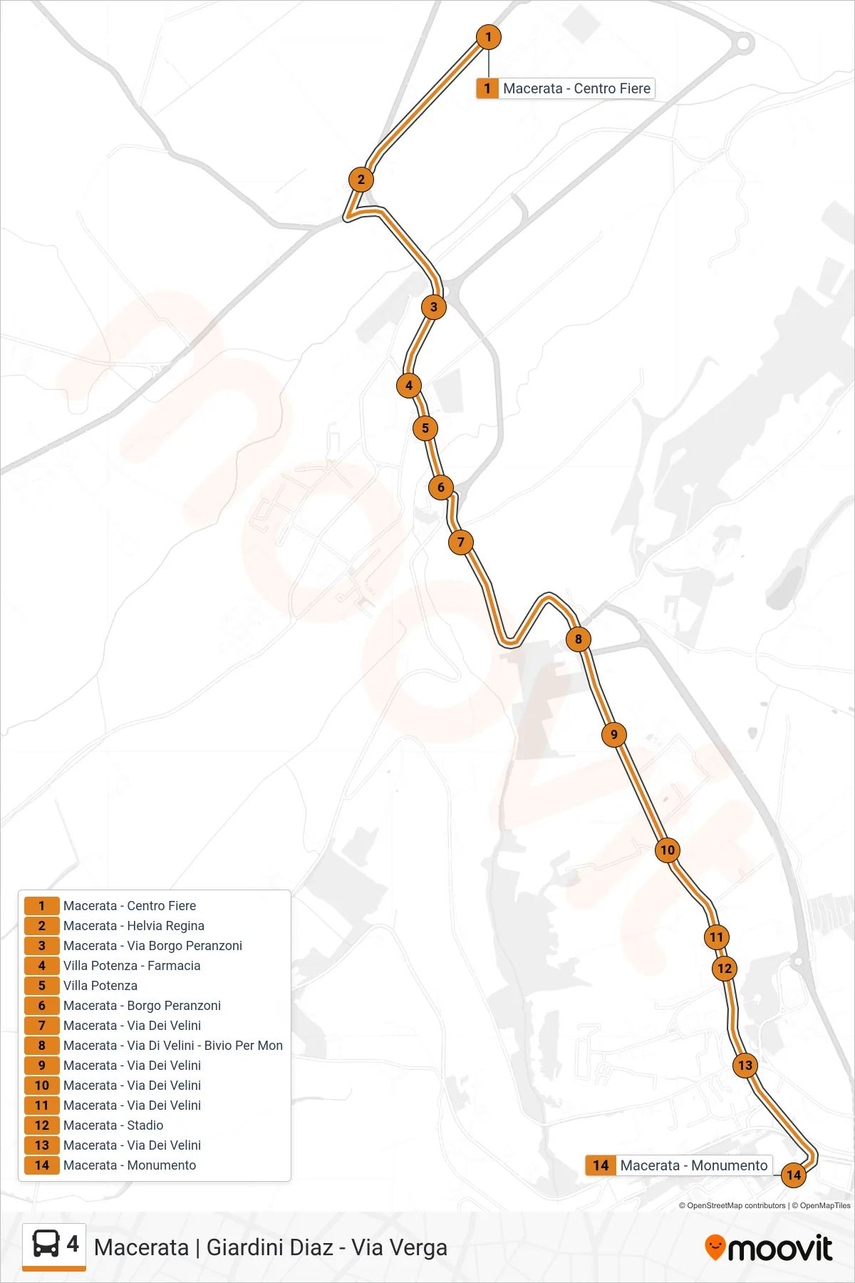 Linea 4 bus (Macerata - Monumento) - Percorsi e fermate sulla mappa
