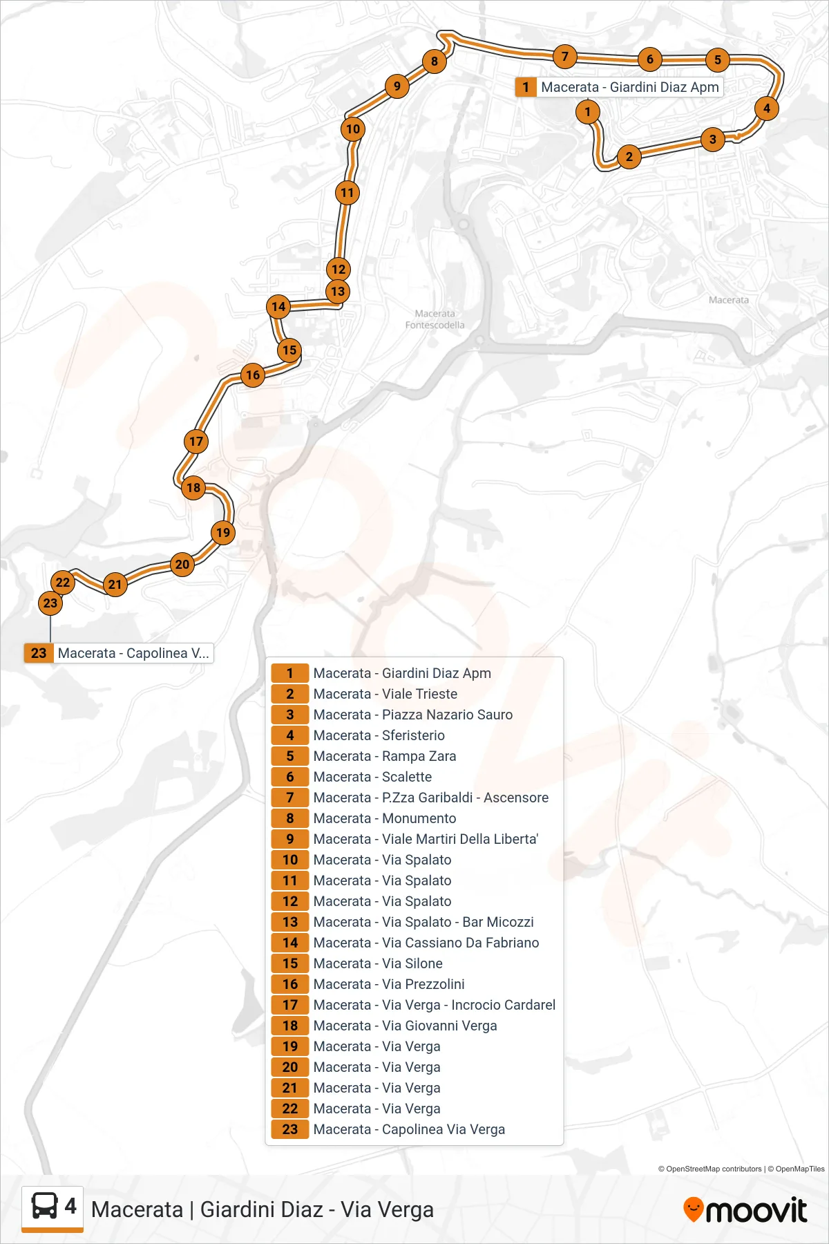 Linea 4 bus (Macerata - Capolinea Via Verga) - Percorsi e fermate sulla mappa