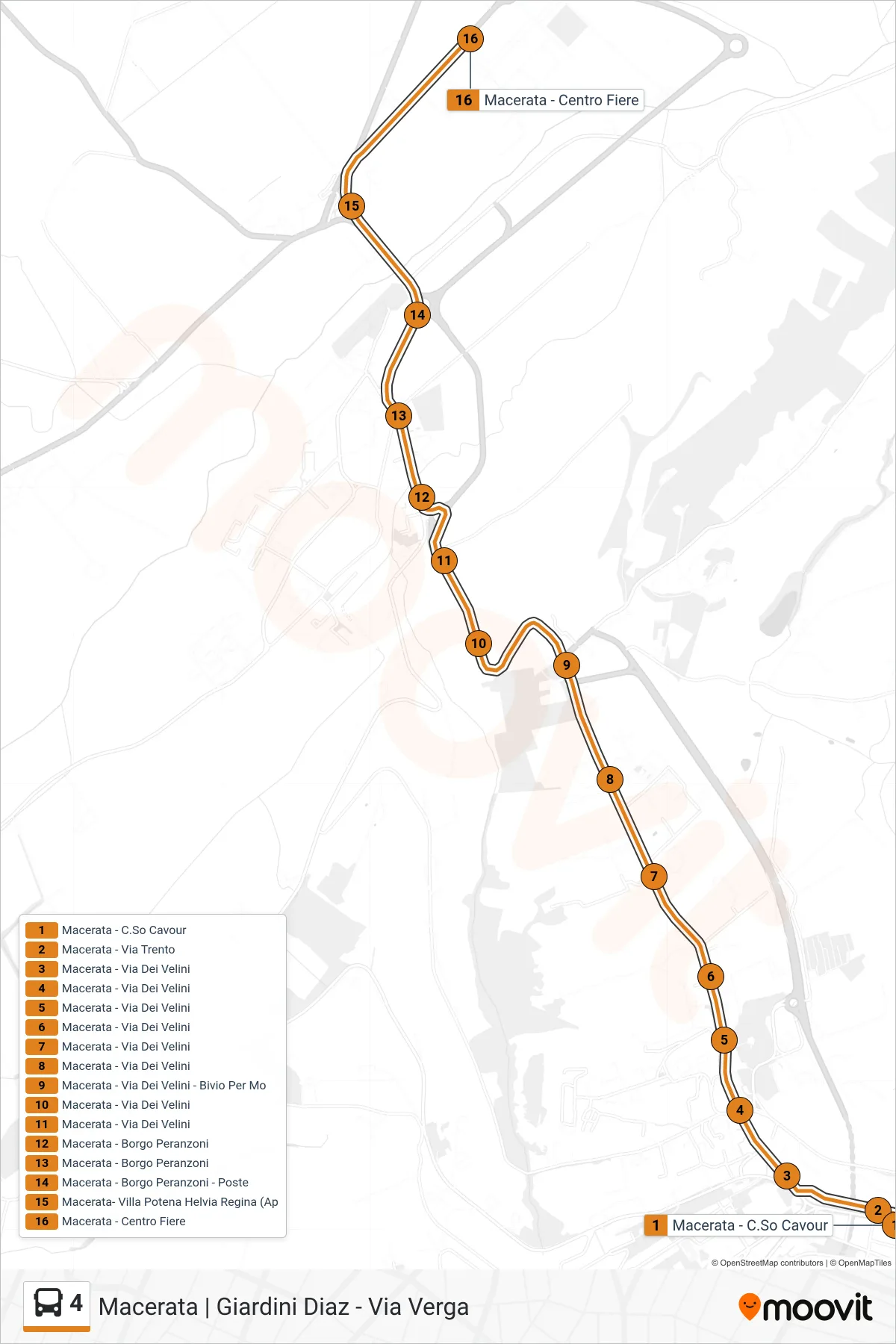 Linea 4 bus (Macerata - Centro Fiere) - Percorsi e fermate sulla mappa