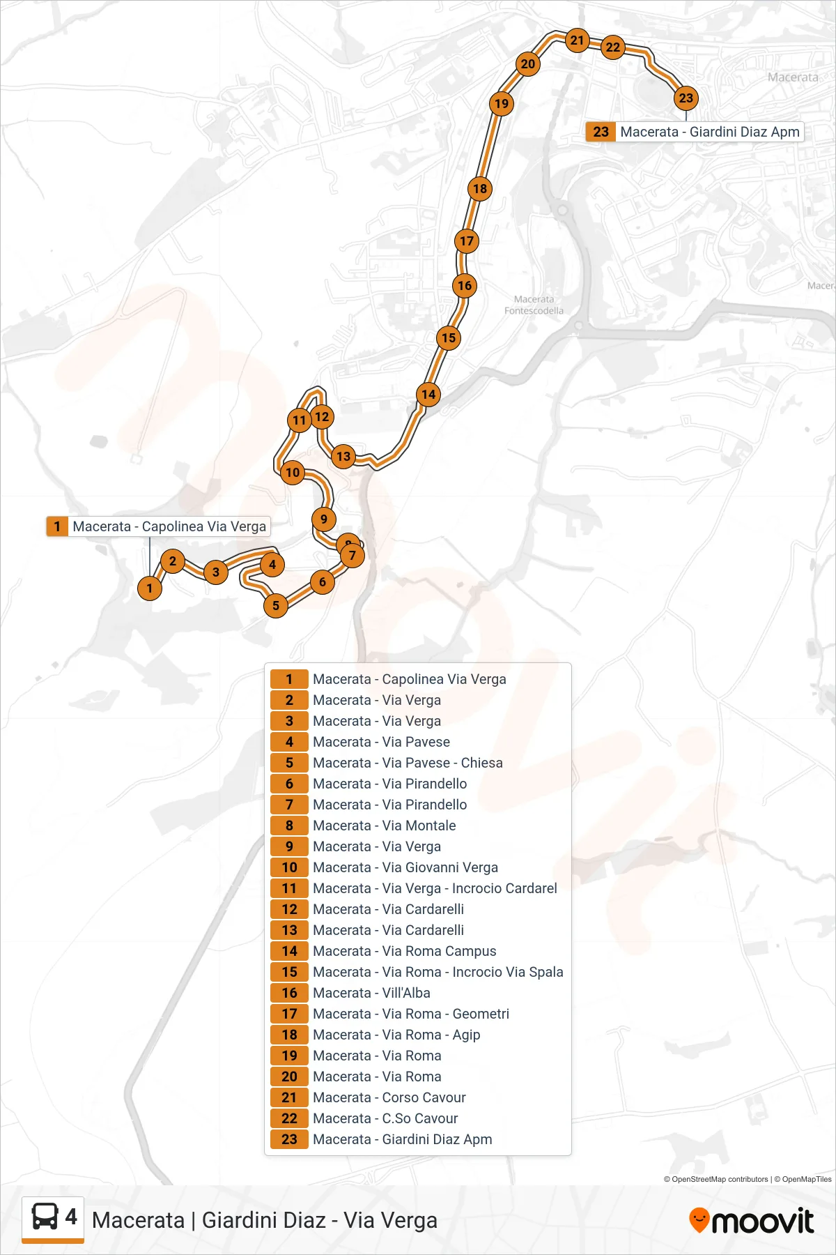 Linea 4 bus (Macerata - Giardini Diaz Apm) - Percorsi e fermate sulla mappa