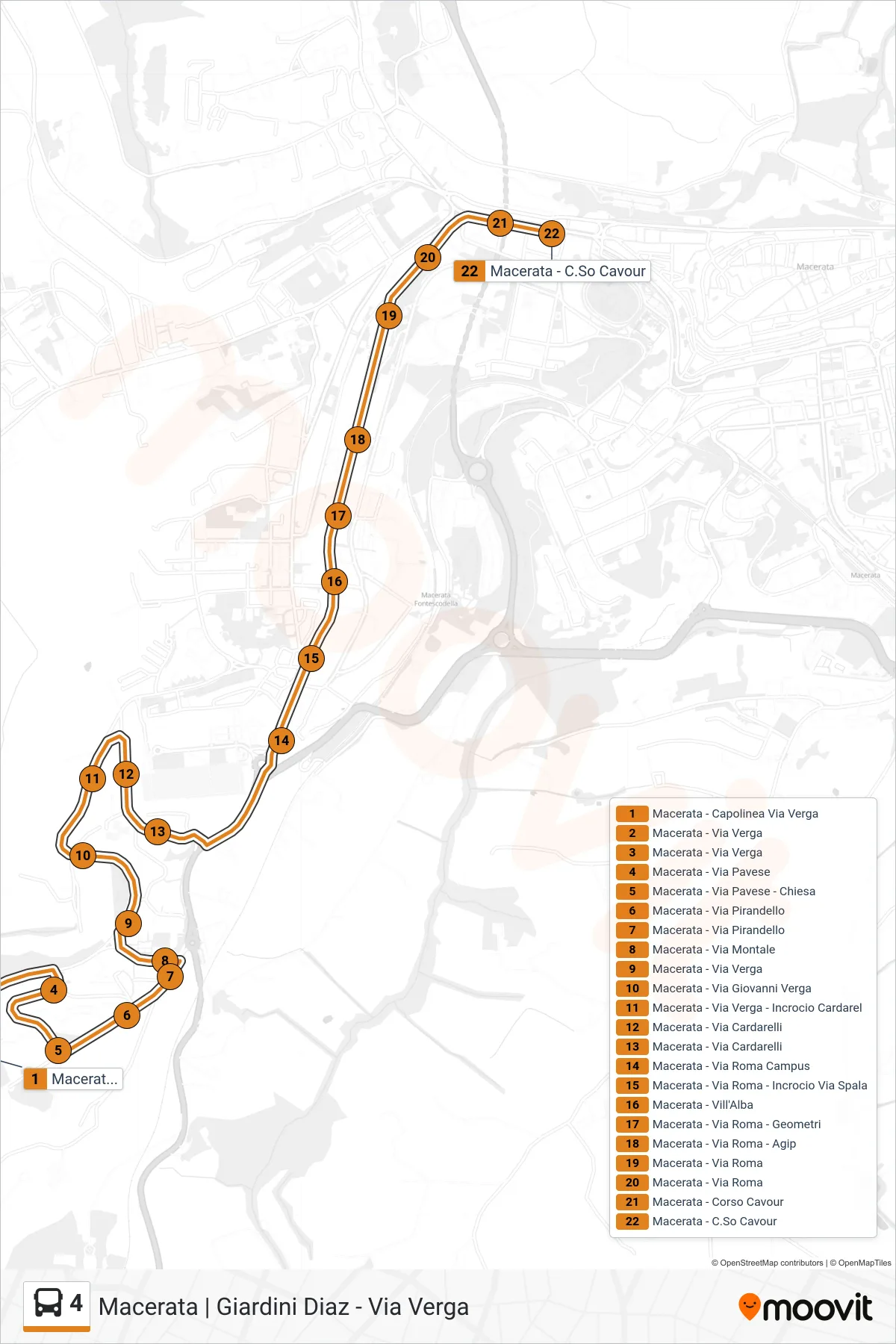 Linea 4 bus (Macerata - C.So Cavour) - Percorsi e fermate sulla mappa