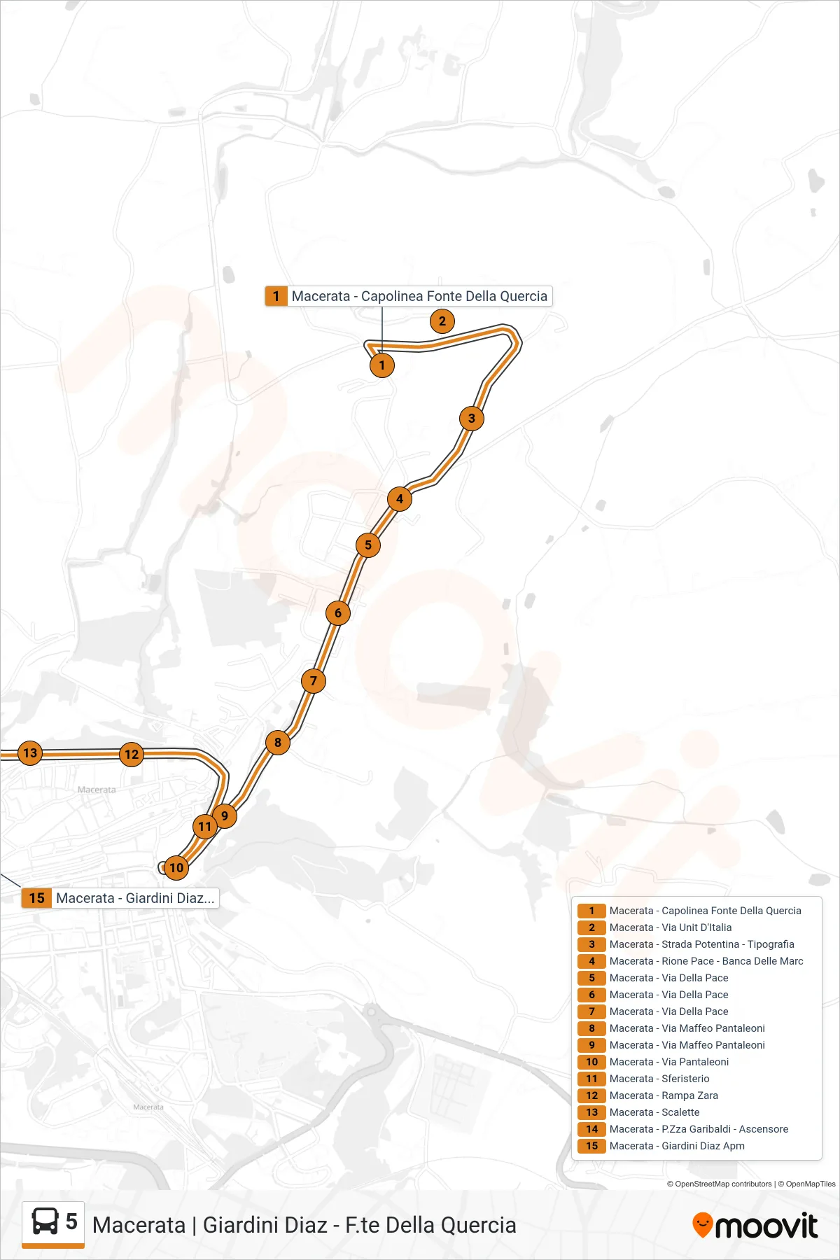 Linea 5 bus (Macerata - Giardini Diaz Apm) - Percorsi e fermate sulla mappa
