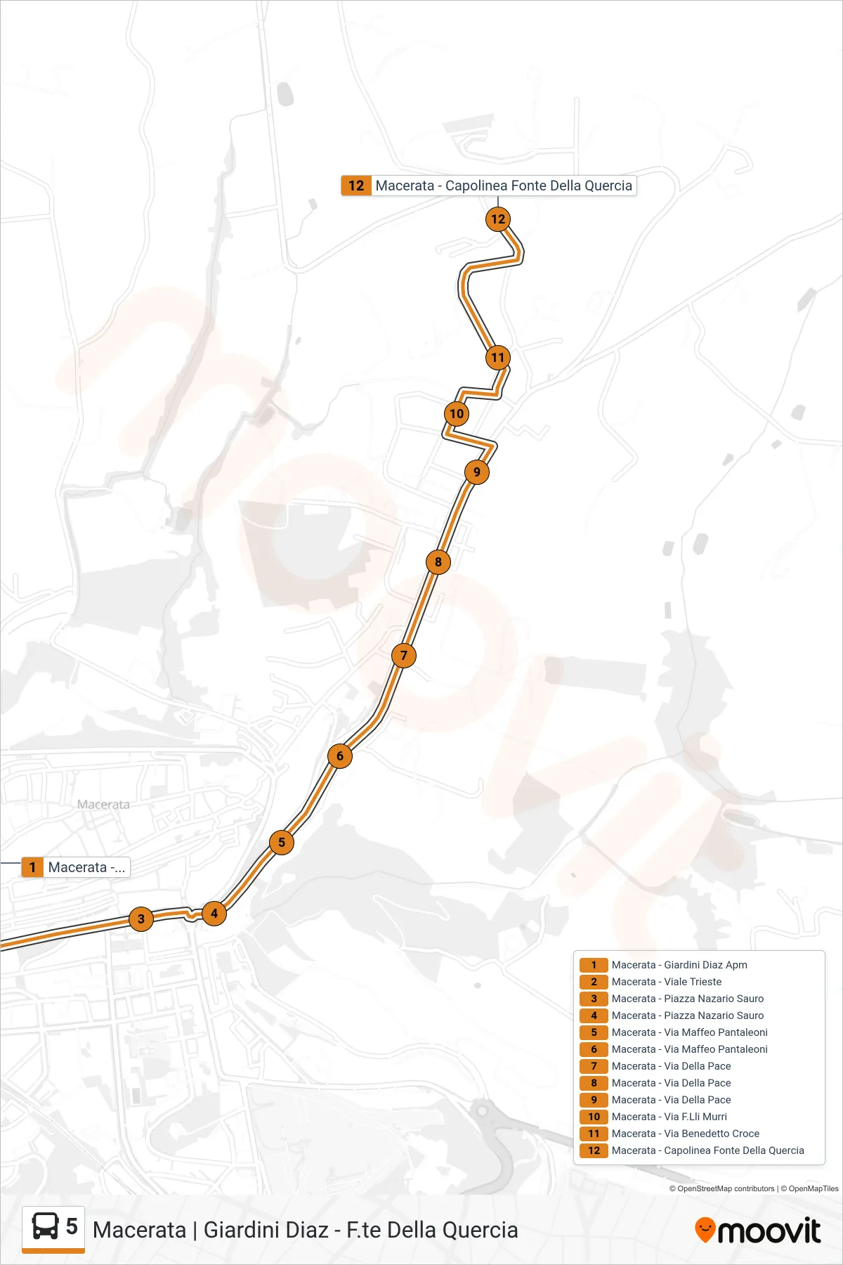 Linea 5 bus (Macerata - Capolinea Fonte Della Quercia) - Percorsi e fermate sulla mappa