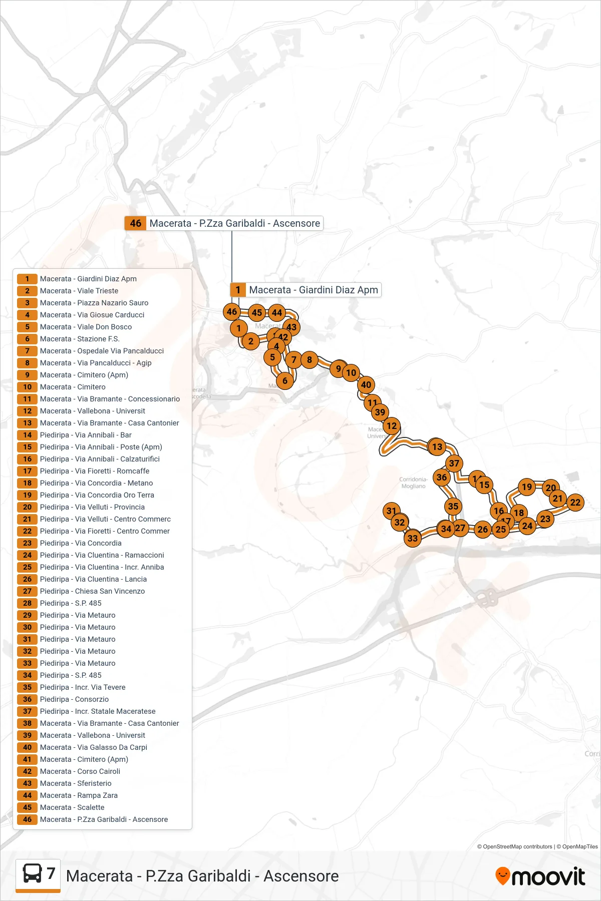 Linea 7 bus (Macerata - P.Zza Garibaldi - Ascensore) - Percorsi e fermate sulla mappa