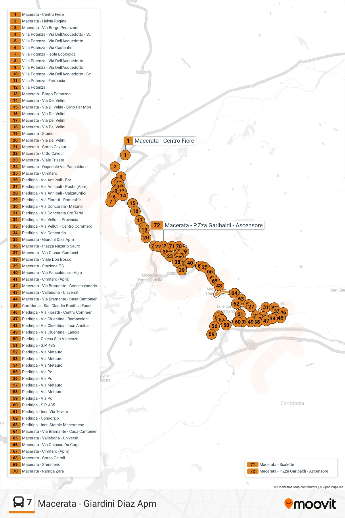 Linea 7  bus (Macerata - Giardini Diaz Apm) - Percorsi e fermate sulla mappa
