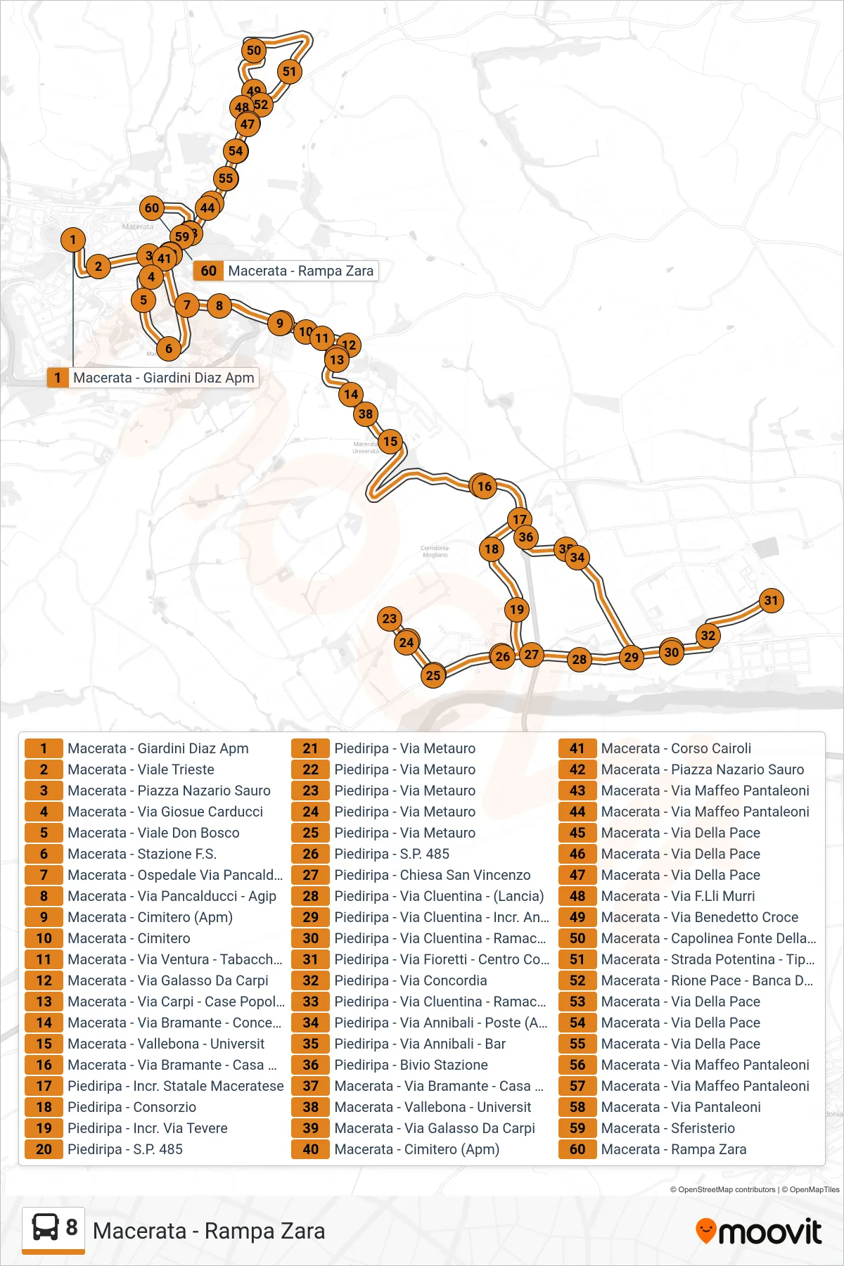 Linea 8 bus (Macerata - Rampa Zara) - Percorsi e fermate sulla mappa