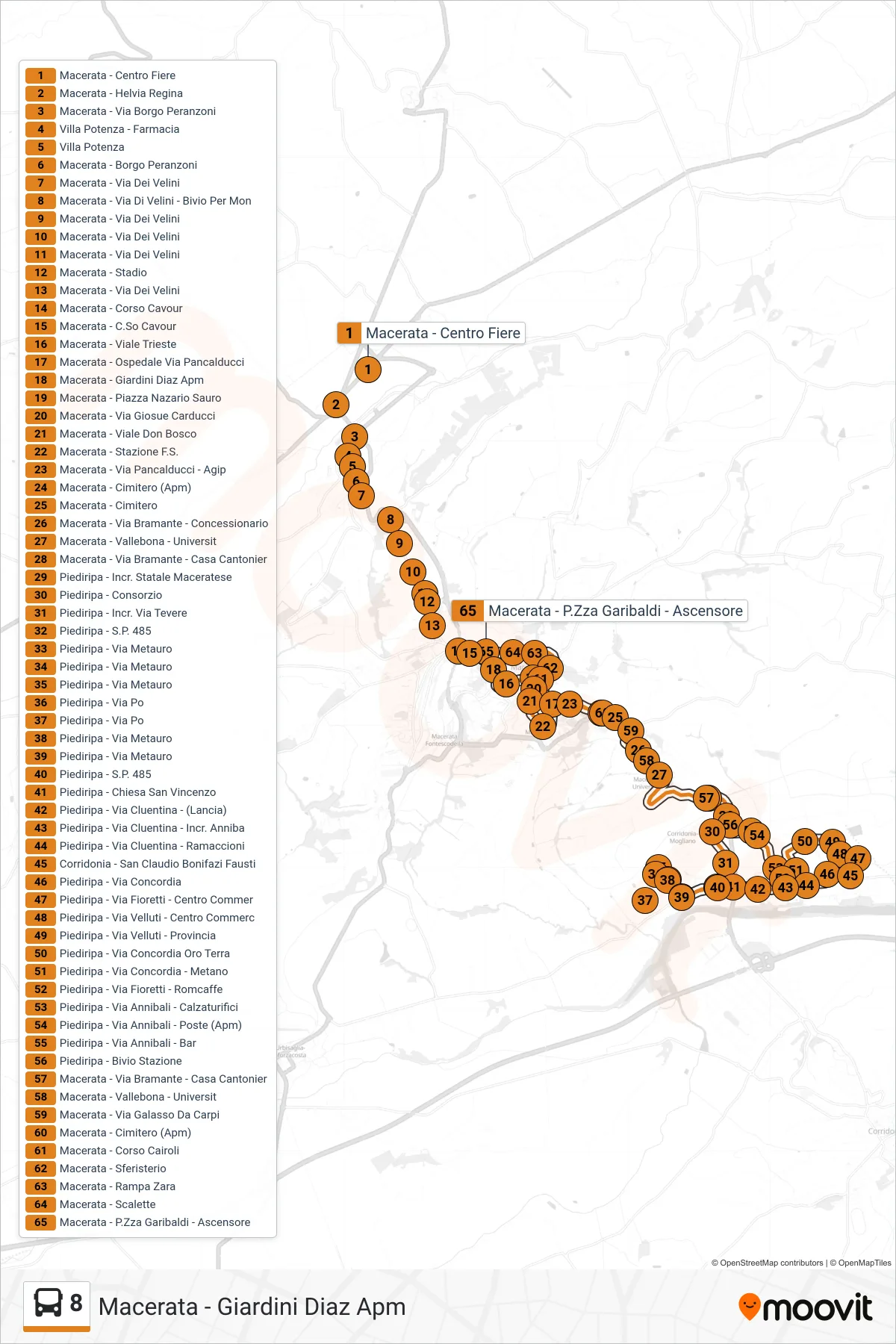 Linea 8 bus (Macerata - Giardini Diaz Apm) - Percorsi e fermate sulla mappa