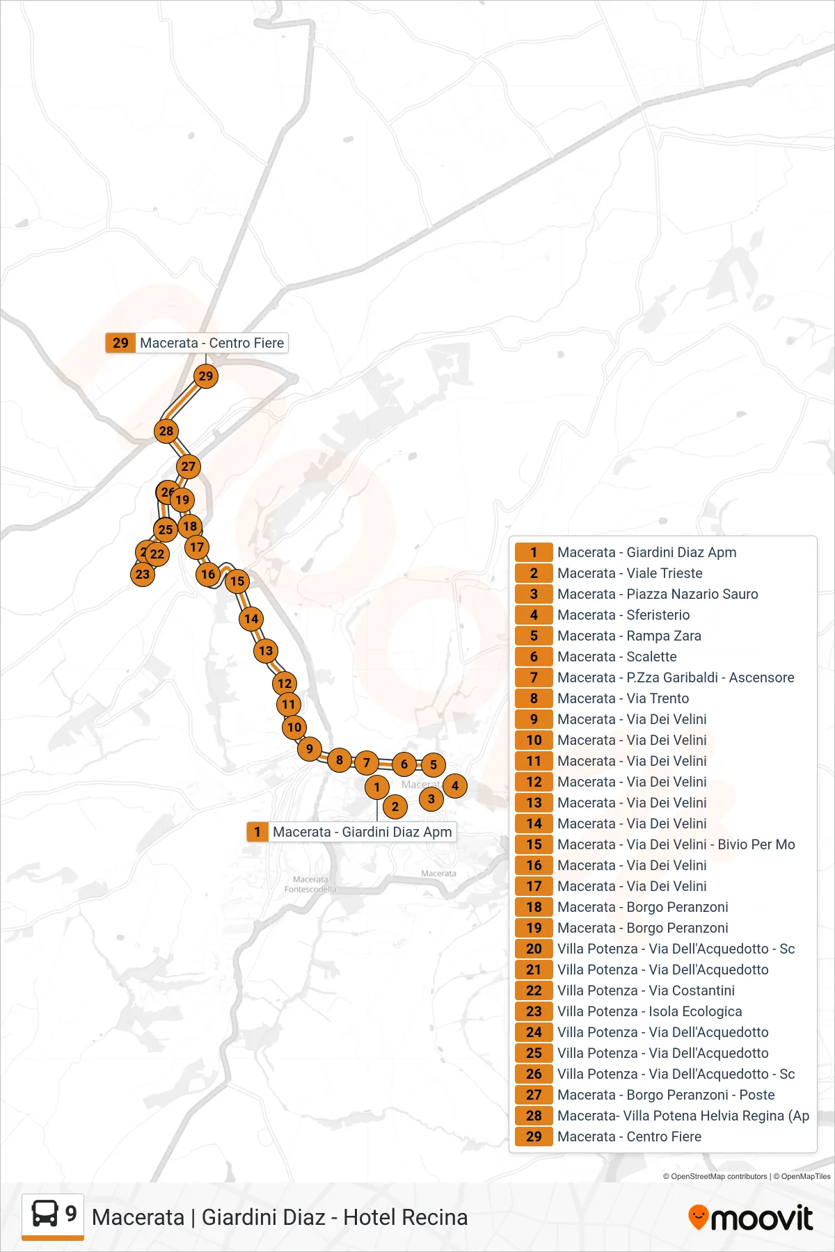 Linea 9 bus (Macerata - Centro Fiere) - Percorsi e fermate sulla mappa