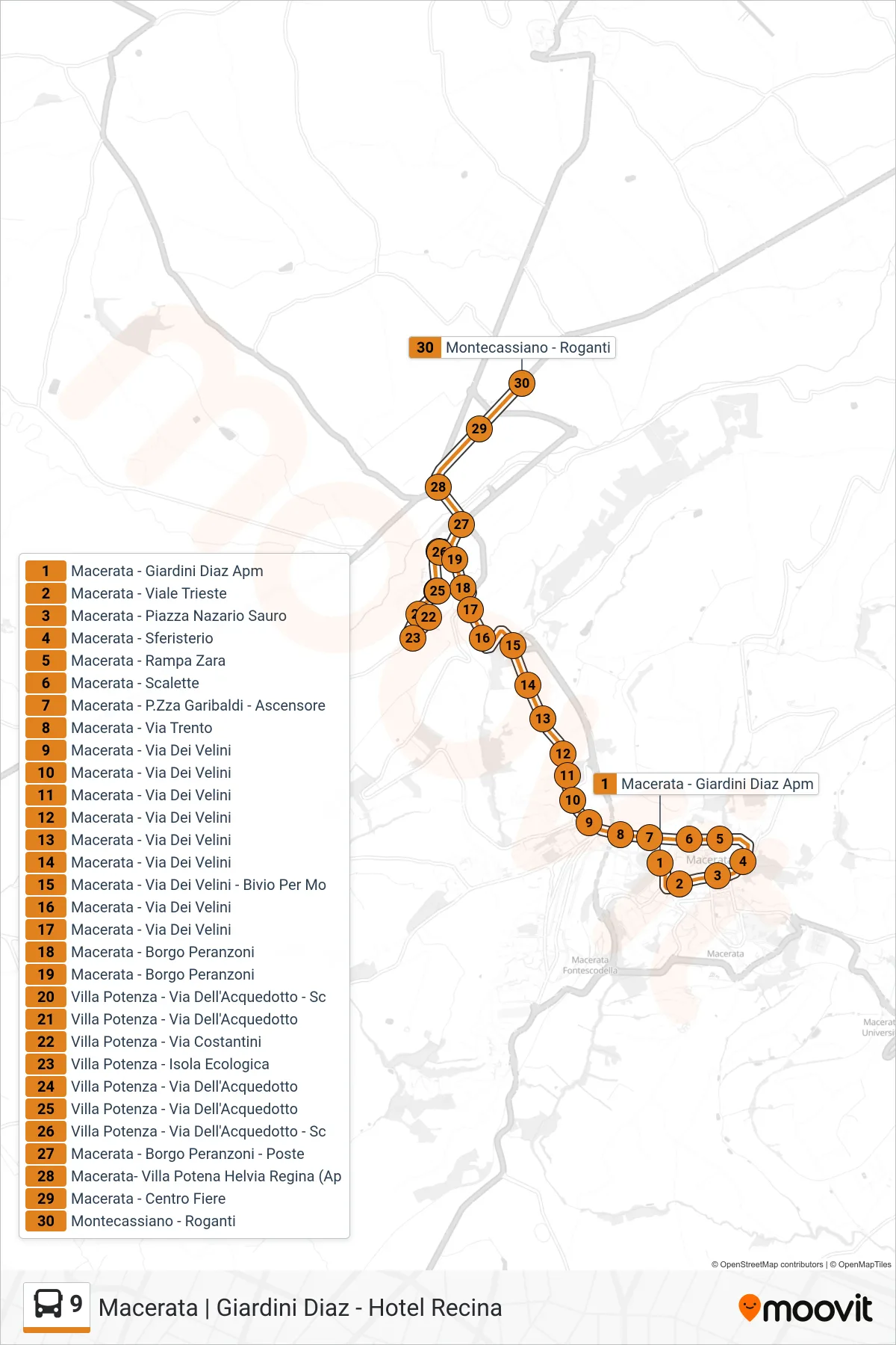 Linea 9 bus (Montecassiano - Roganti) - Percorsi e fermate sulla mappa