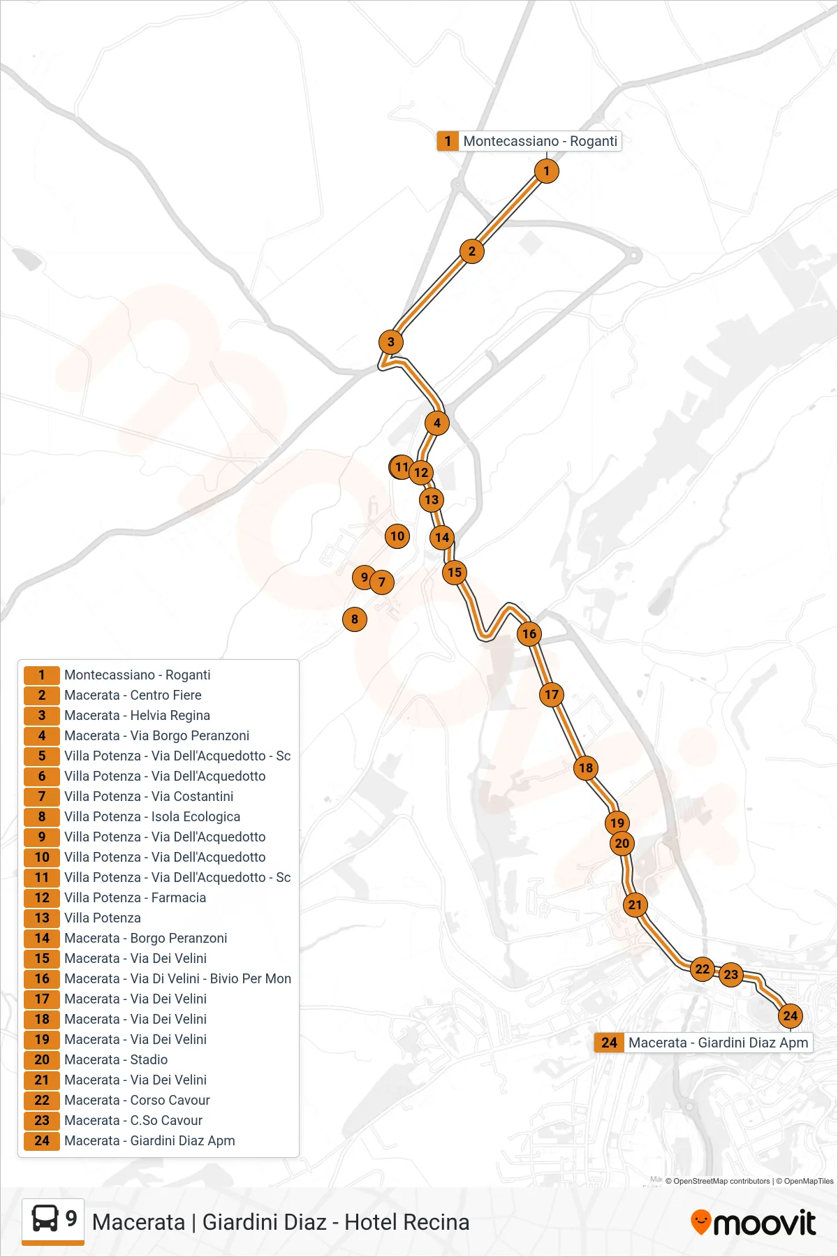 Linea 9  bus (Macerata - Giardini Diaz Apm) - Percorsi e fermate sulla mappa
