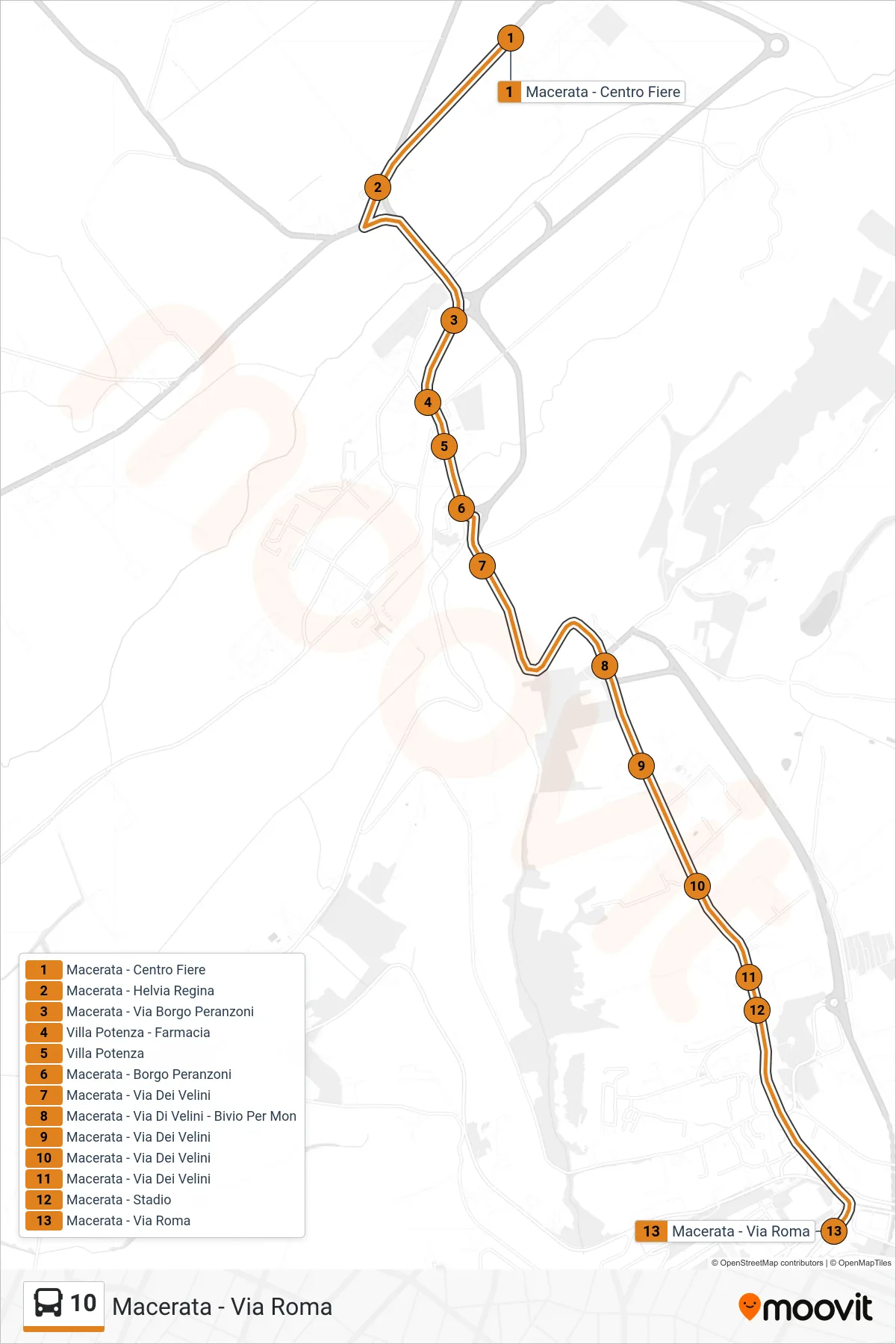 10 bus Line (Macerata - Roma Street) route and stops on a map