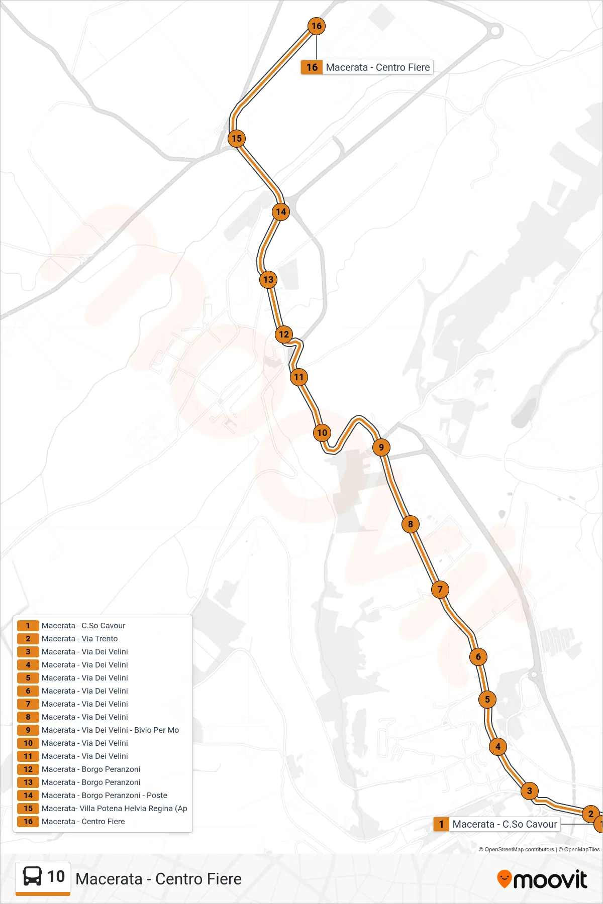 Linea 10  bus (Macerata - Centro Fiere) - Percorsi e fermate sulla mappa