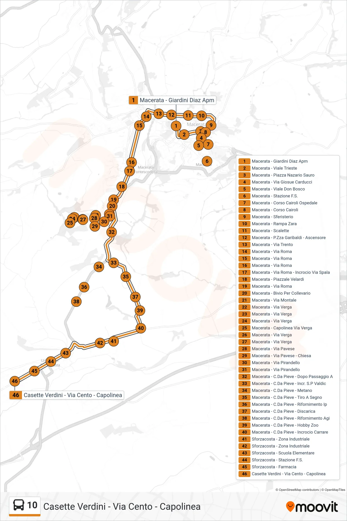 Linea 10 bus (Casette Verdini - Via Cento - Capolinea) - Percorsi e fermate sulla mappa