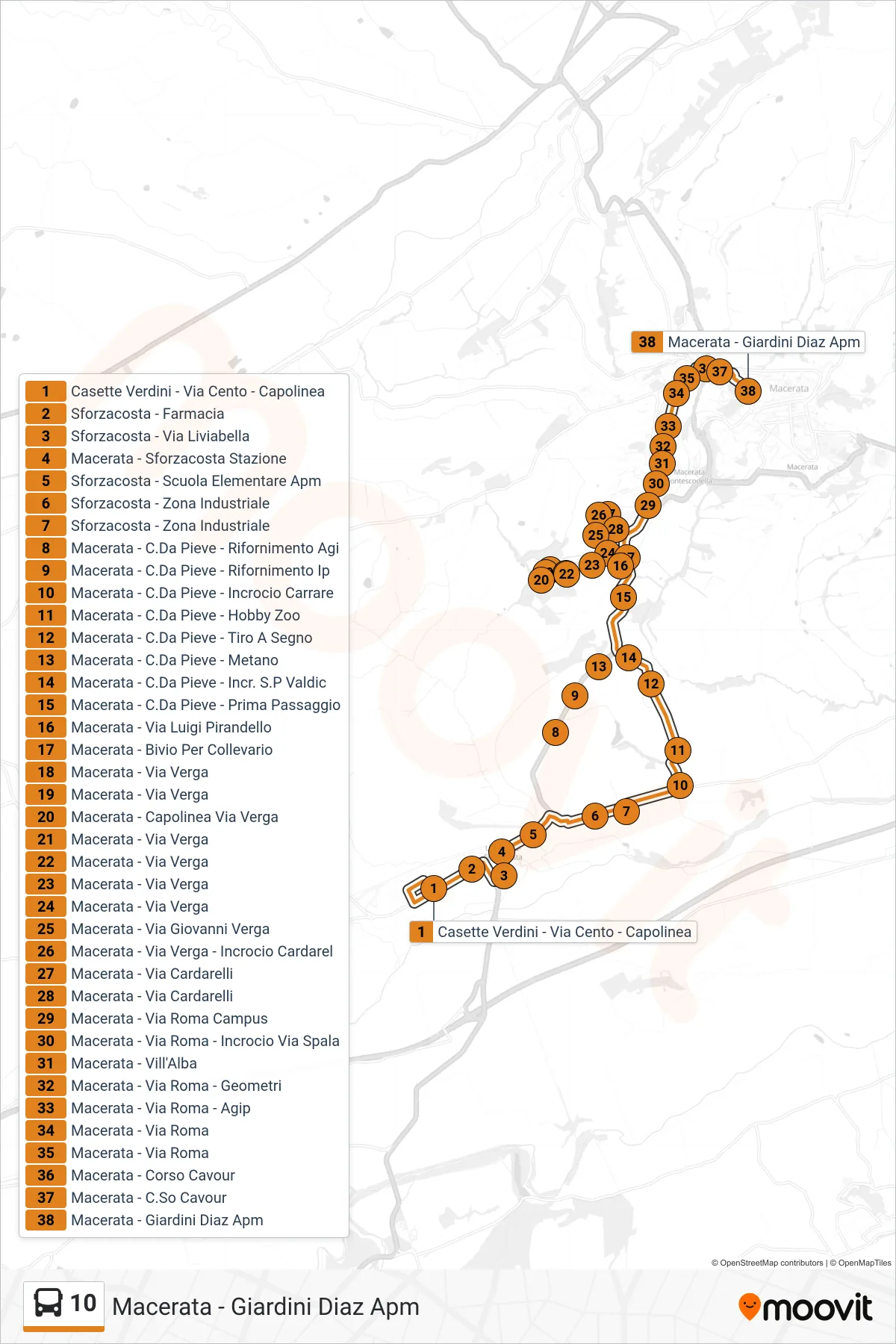 10 bus Line (Macerata - Giardini Diaz APM) route and stops on a map