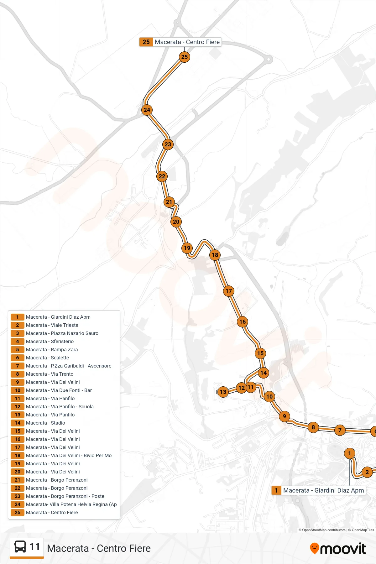 Linea 11  bus (Macerata - Centro Fiere) - Percorsi e fermate sulla mappa