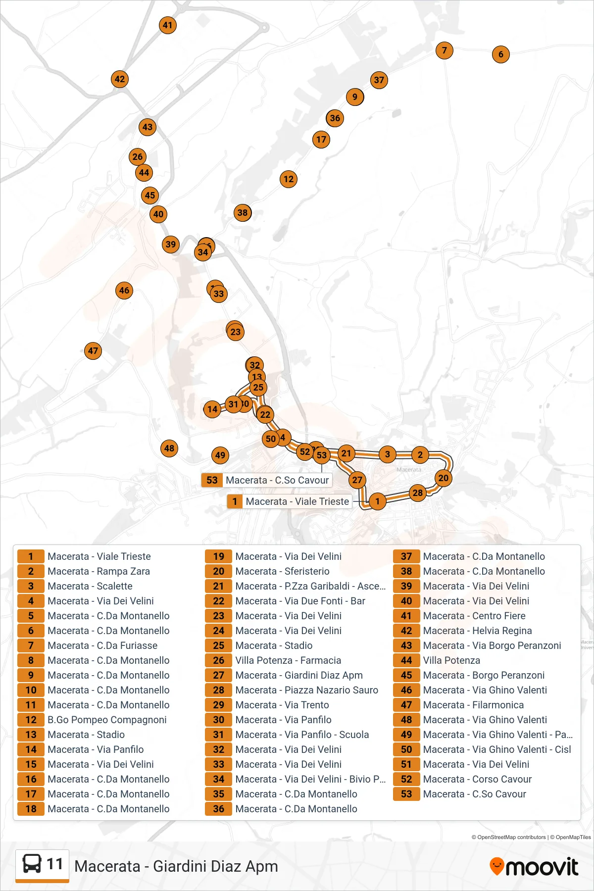 Linea 11  bus (Macerata - Giardini Diaz Apm) - Percorsi e fermate sulla mappa