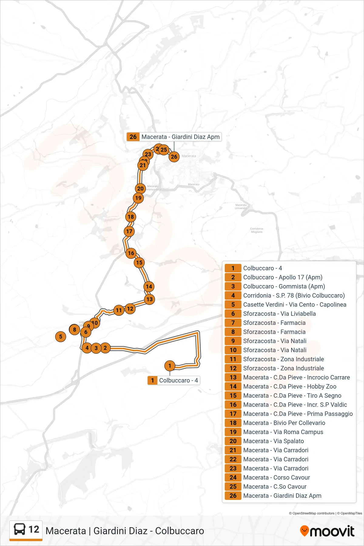 Linea 12 bus (Macerata - Giardini Diaz Apm) - Percorsi e fermate sulla mappa