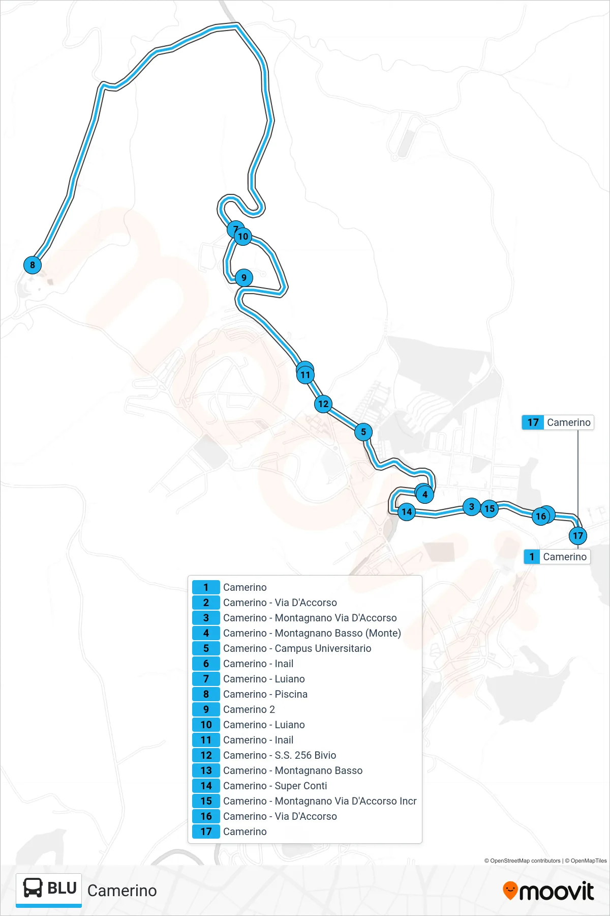 Linea BLU bus (Camerino) - Percorsi e fermate sulla mappa