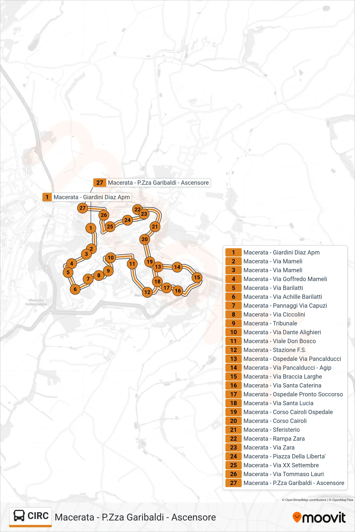 Linea CIRC bus (Macerata - P.Zza Garibaldi - Ascensore) - Percorsi e fermate sulla mappa