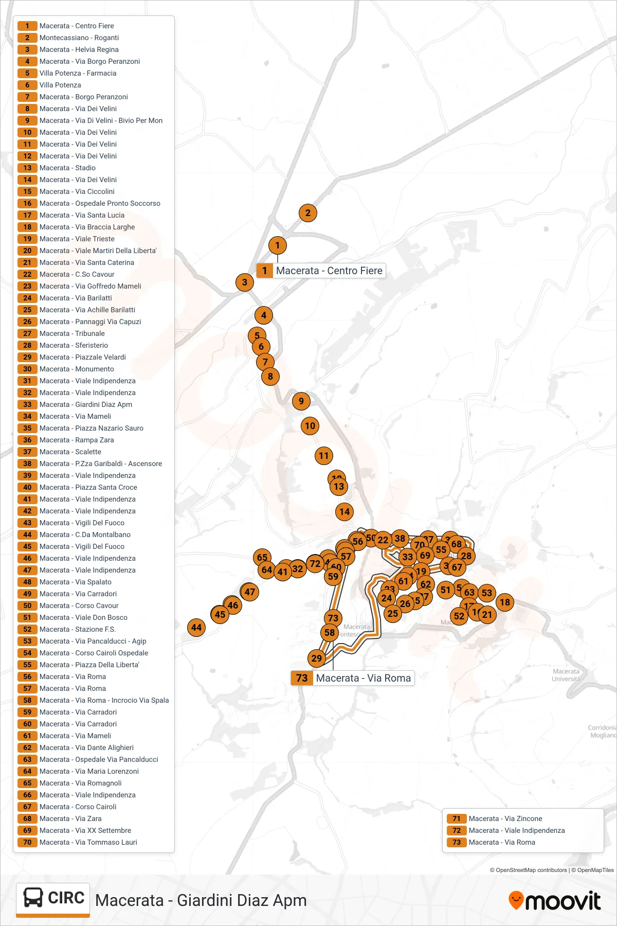 Linea CIRC  bus (Macerata - Giardini Diaz Apm) - Percorsi e fermate sulla mappa