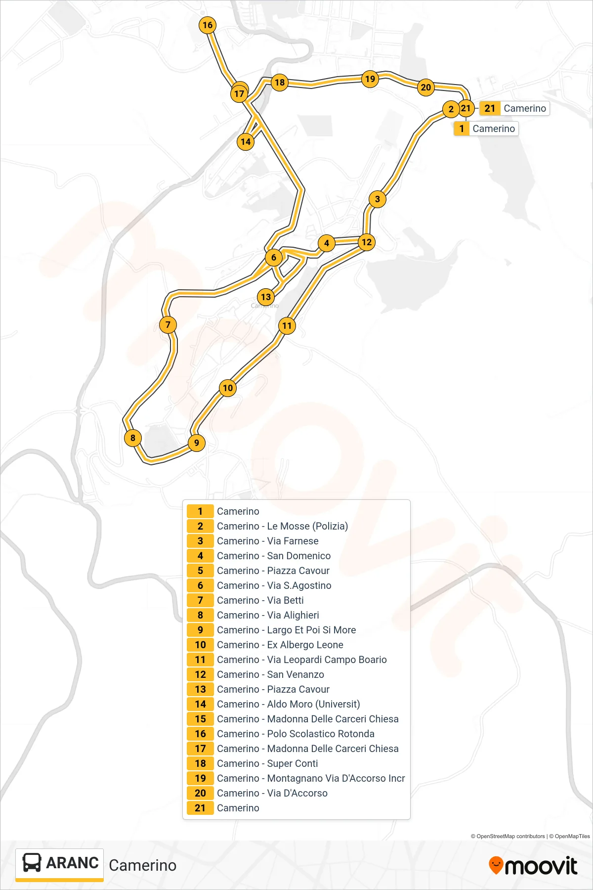 Linea ARANC  bus (Camerino) - Percorsi e fermate sulla mappa