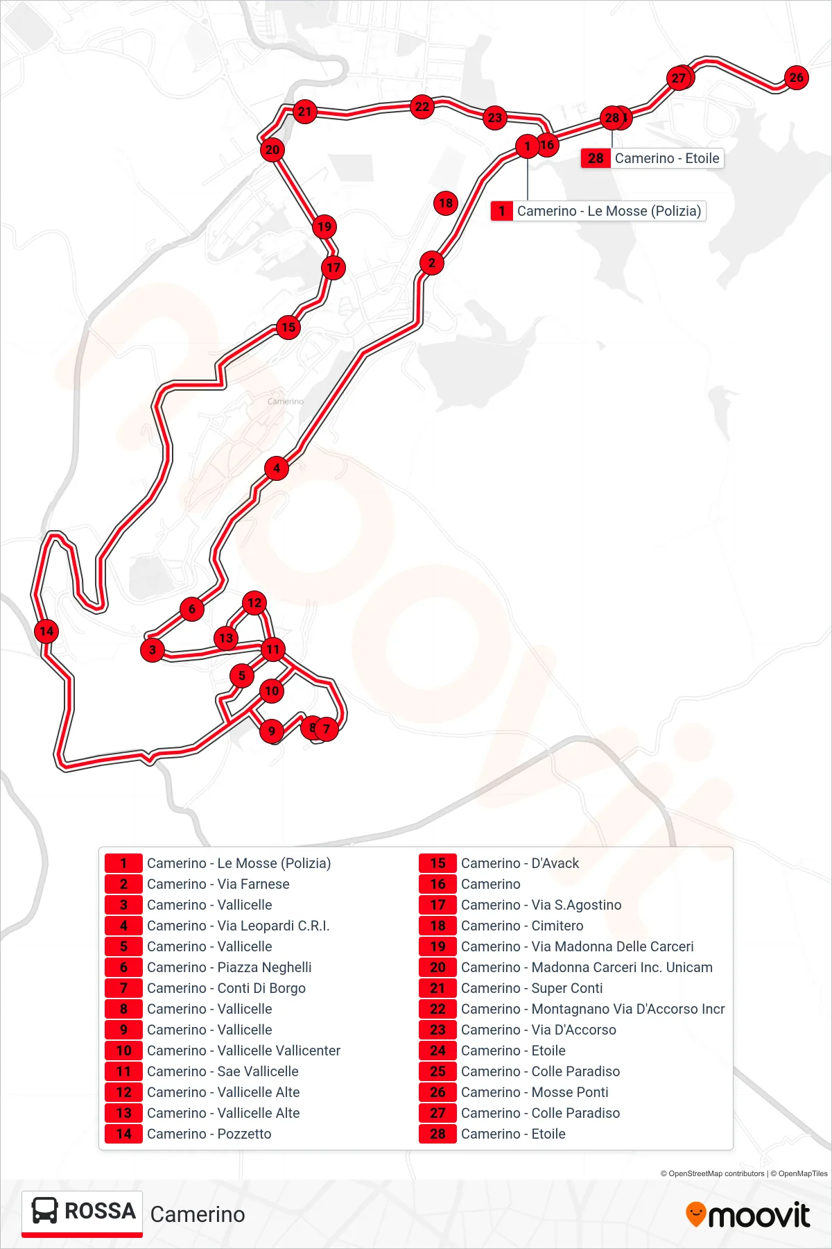 Linea ROSSA bus (Camerino) - Percorsi e fermate sulla mappa