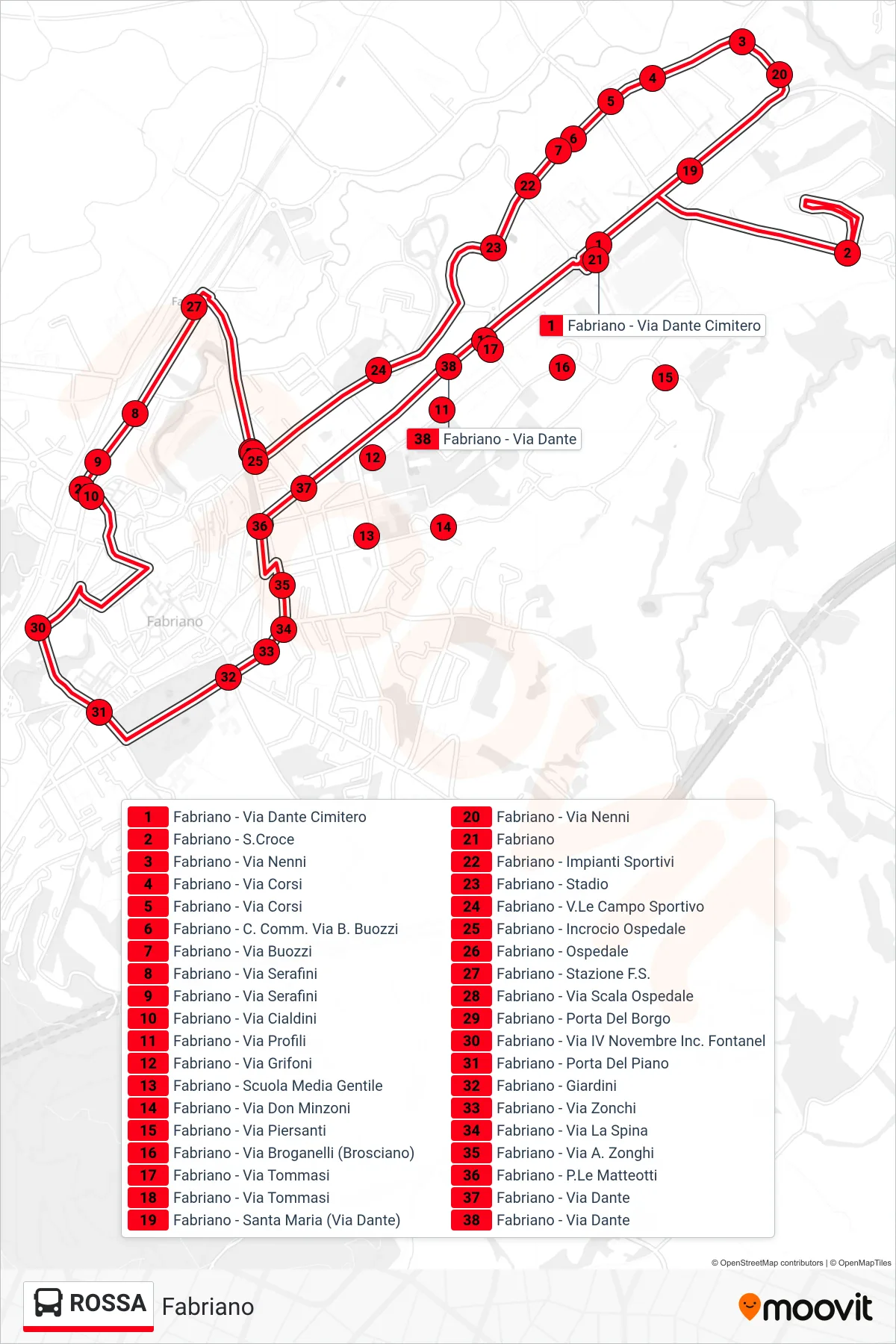 Linea ROSSA  bus (Fabriano) - Percorsi e fermate sulla mappa
