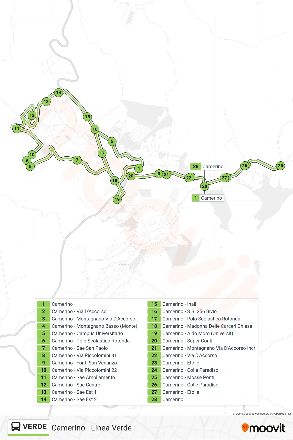 Linea VERDE bus (Camerino) - Percorsi e fermate sulla mappa