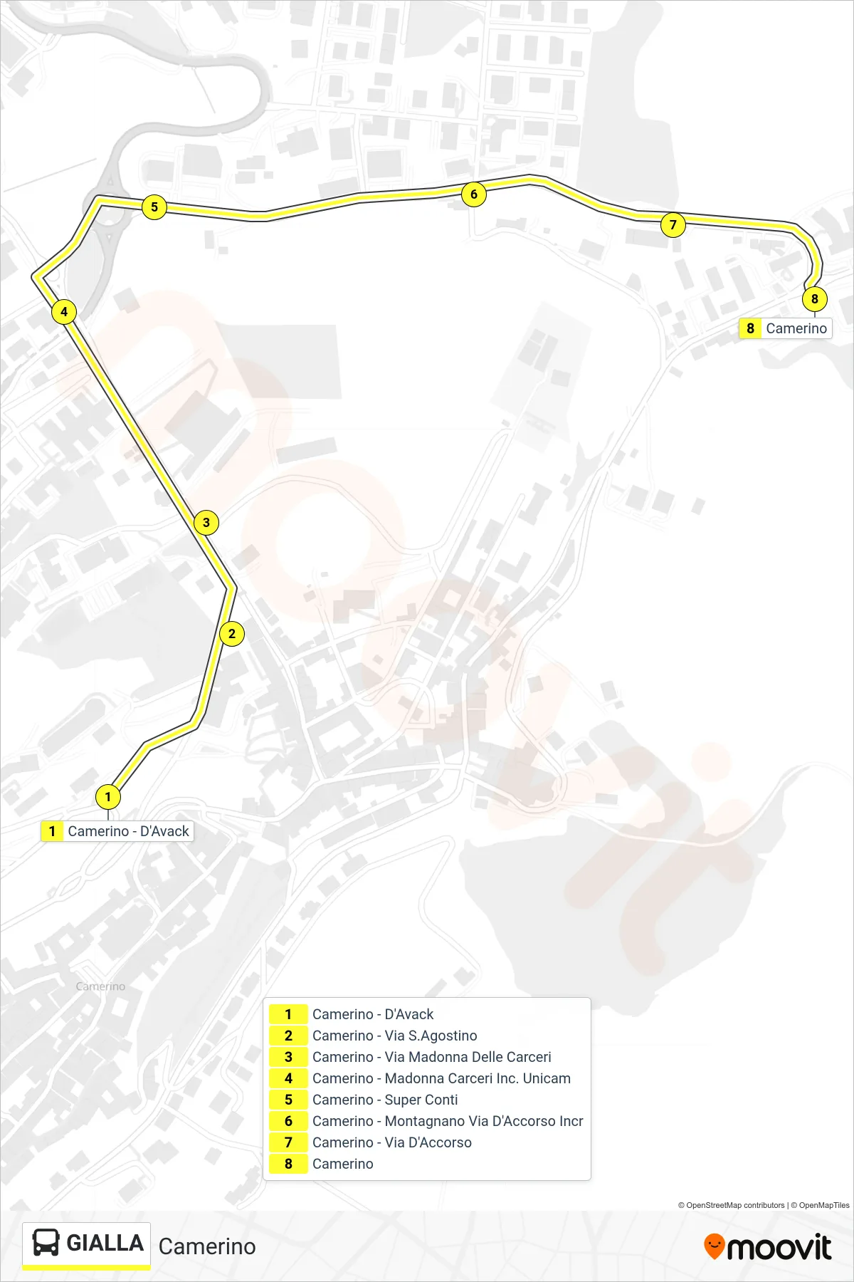 Linea GIALLA  bus (Camerino) - Percorsi e fermate sulla mappa