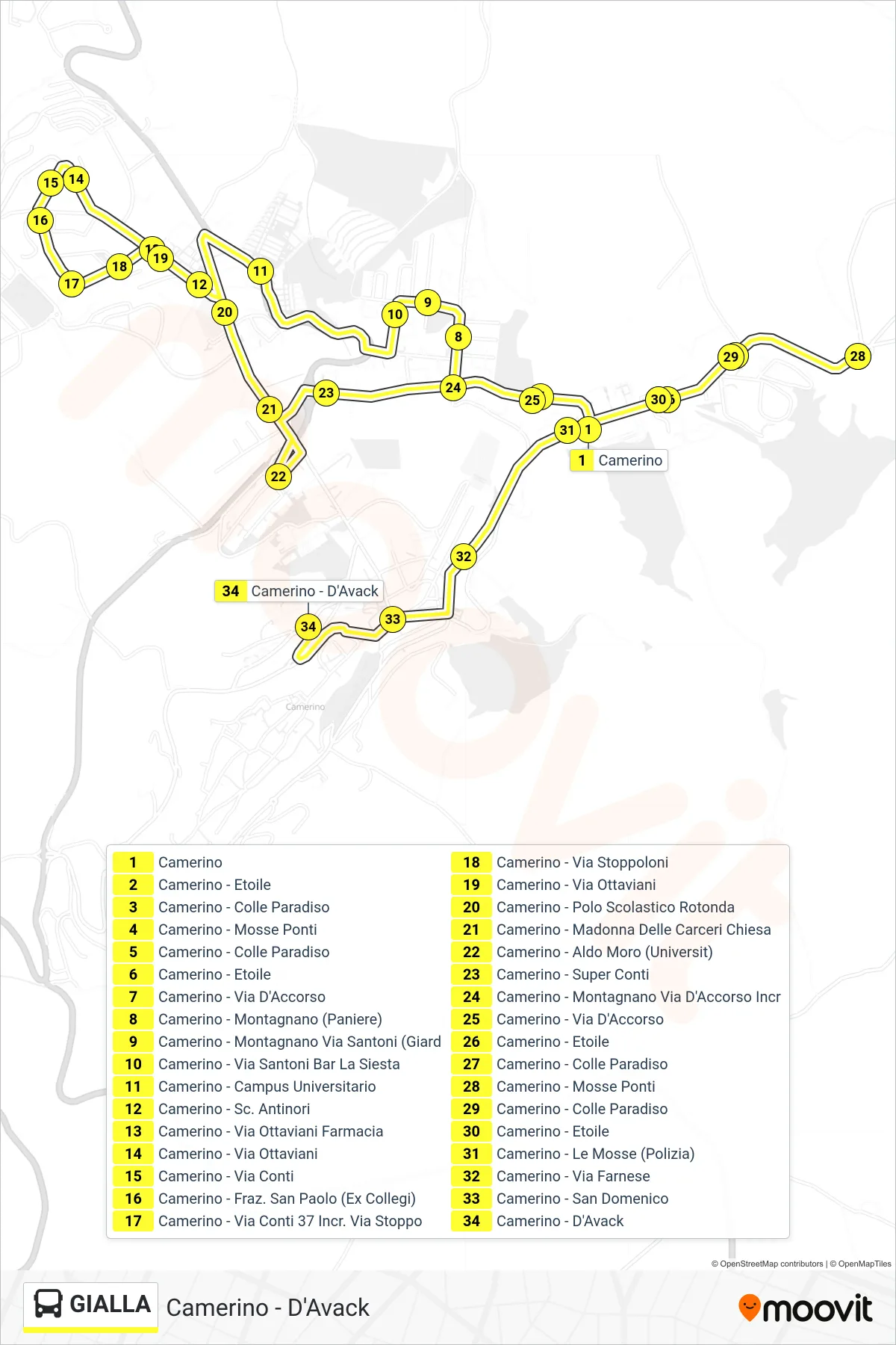 Linea GIALLA  bus (Camerino - D'Avack) - Percorsi e fermate sulla mappa