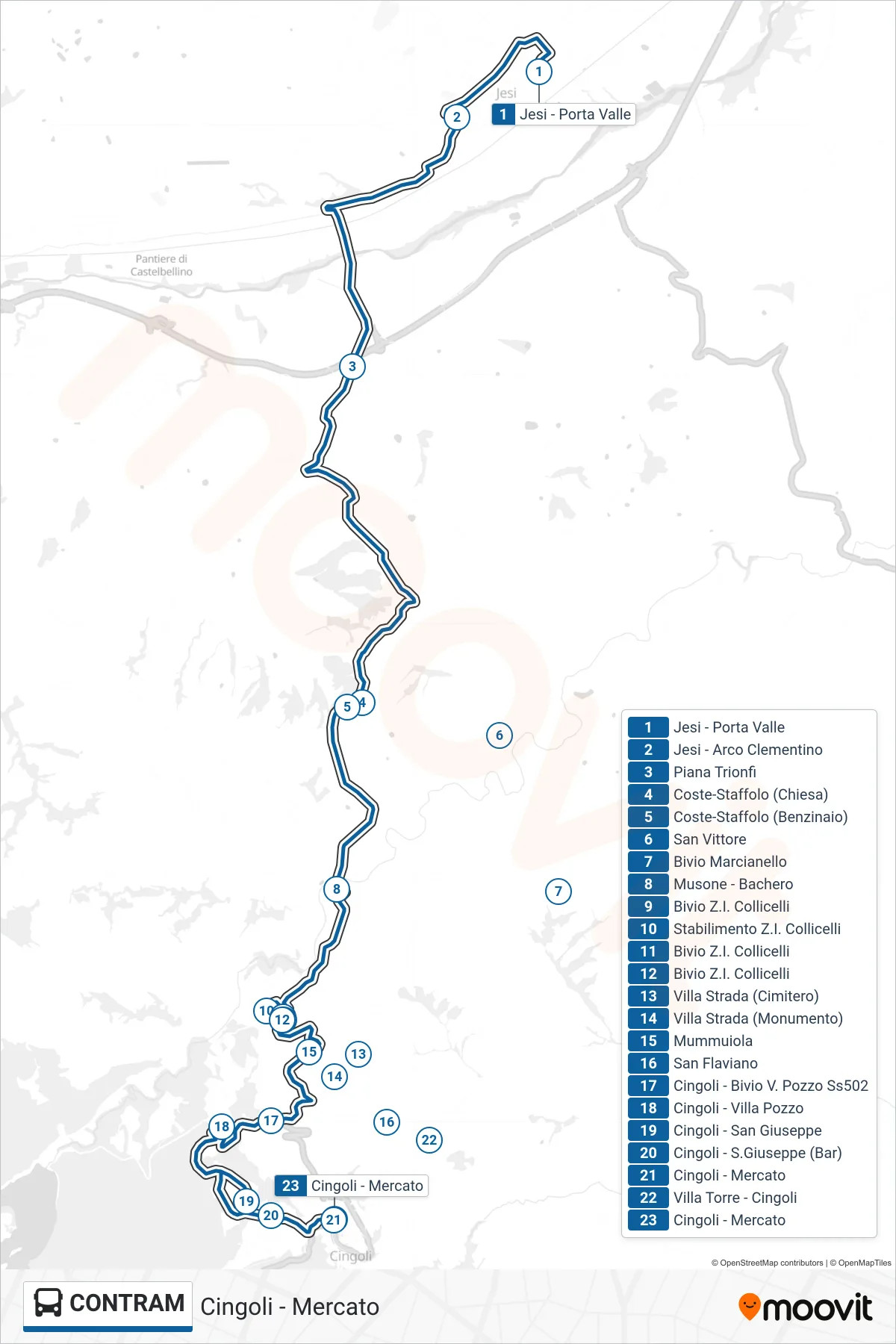 Linea CONTRAM  bus (Cingoli - Mercato) - Percorsi e fermate sulla mappa