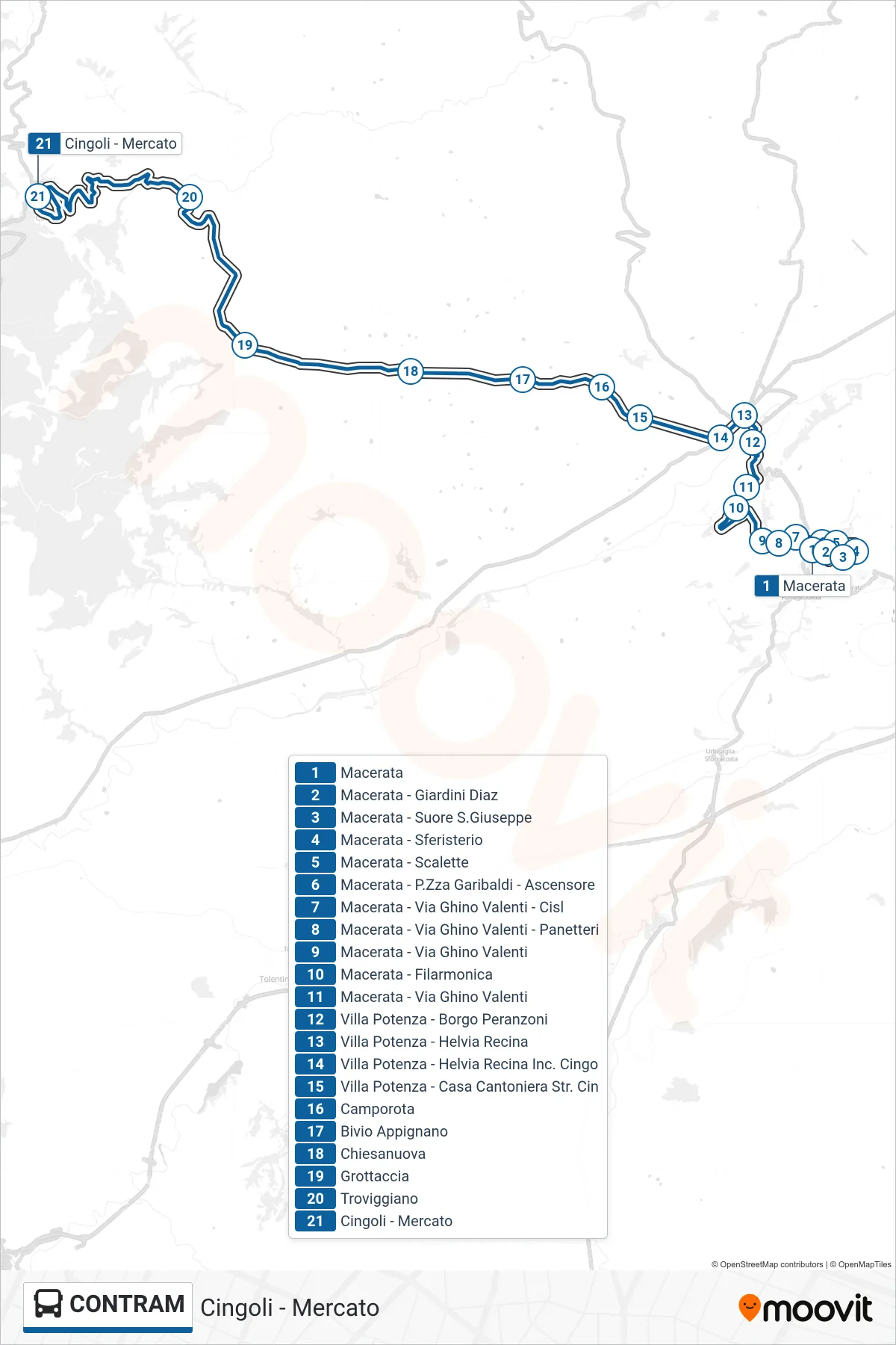 Linea CONTRAM bus (Cingoli - Mercato) - Percorsi e fermate sulla mappa